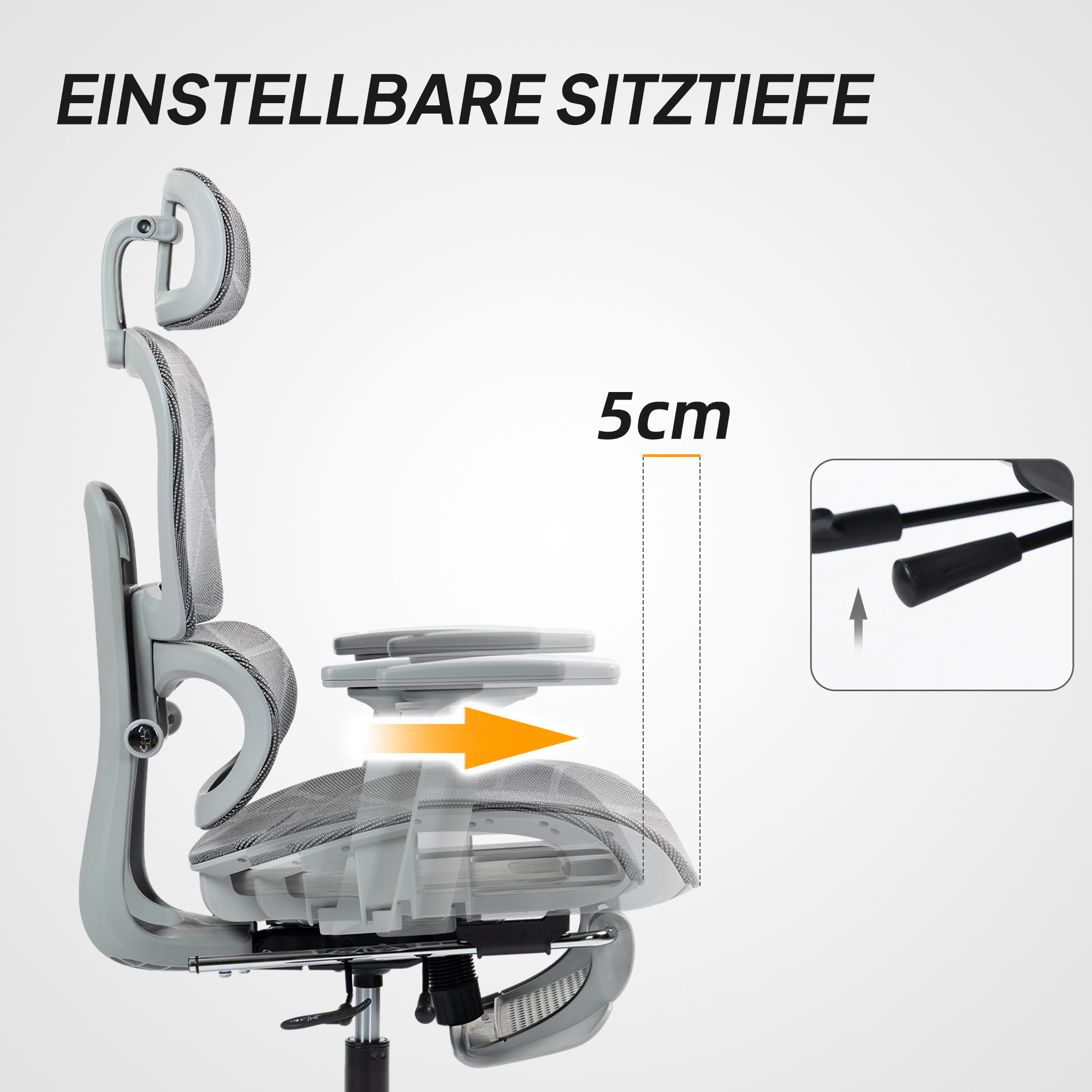 Bürostuhl, Ergonomischer Schreibtischstuhl mit Netzstoffbezug, verstellbar, rollbar, mit Armlehnen, Kopfstütze, Grau