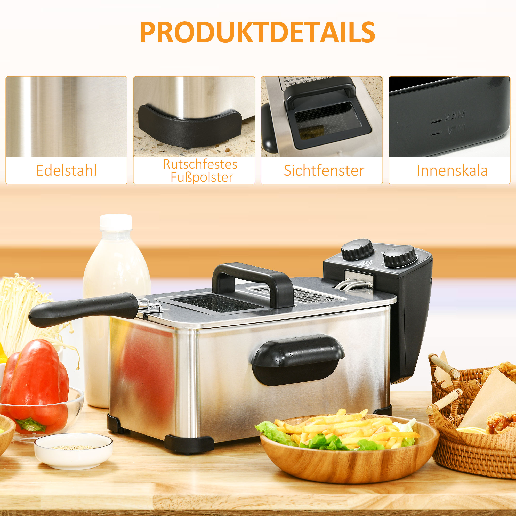 Fritteuse, 3 Liter, 2,000W Leistung, Klarsichtdeckel, kühler Griff, Schwarz