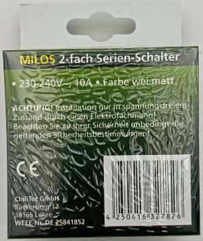 MILOS Serien-Schalter 2-fach weiß matt, 250V~/ 10A, inkl. Rahmen, UP