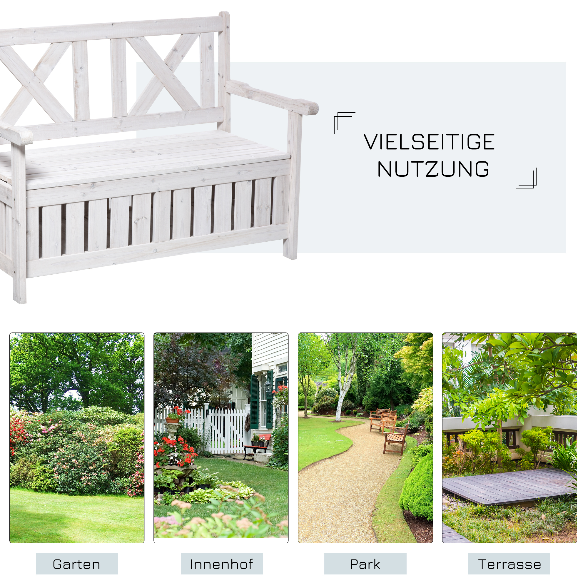 Sitzbank mit Stauraum 2-Sitzer Gartentruhe Truhenbank Kissentruhe Aufbewahrung Weiß 115 x 61 x 85 cm