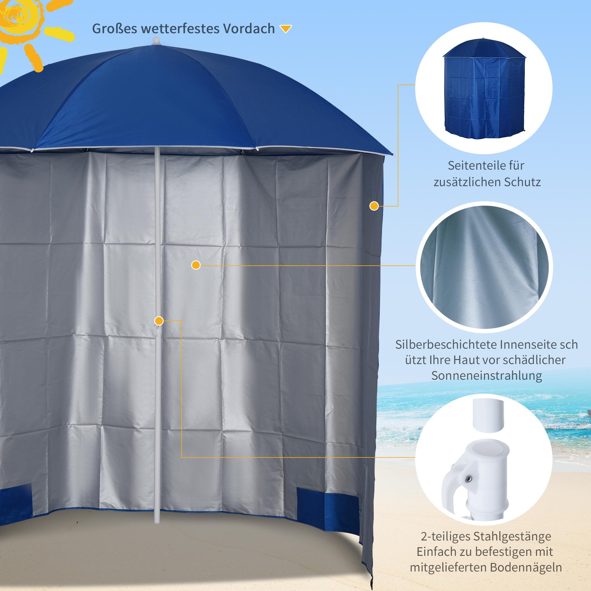 Sonnenschirm Strandschirm Sonnenschutz mit Seitenwand Strand Polyester Blau 2,2 x H2,2m