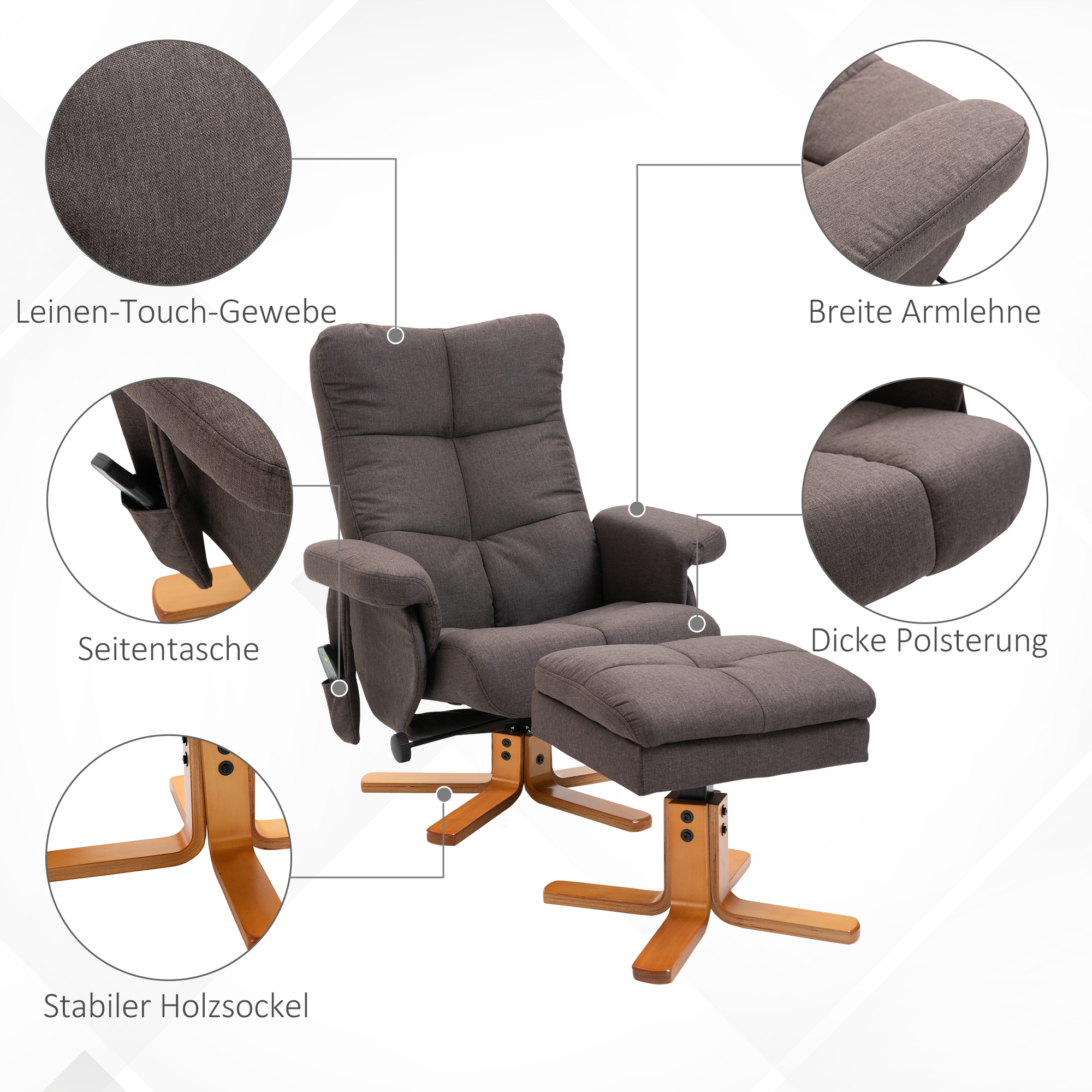 Relaxsessel mit Fußhocker, Stauraum, Elektrischer Massagesessel mit Liegefunktion, Drehbarer Fernsehsessel mit Seitentasche, Fernbedienung, Holzrahmen, Polyester, Braun