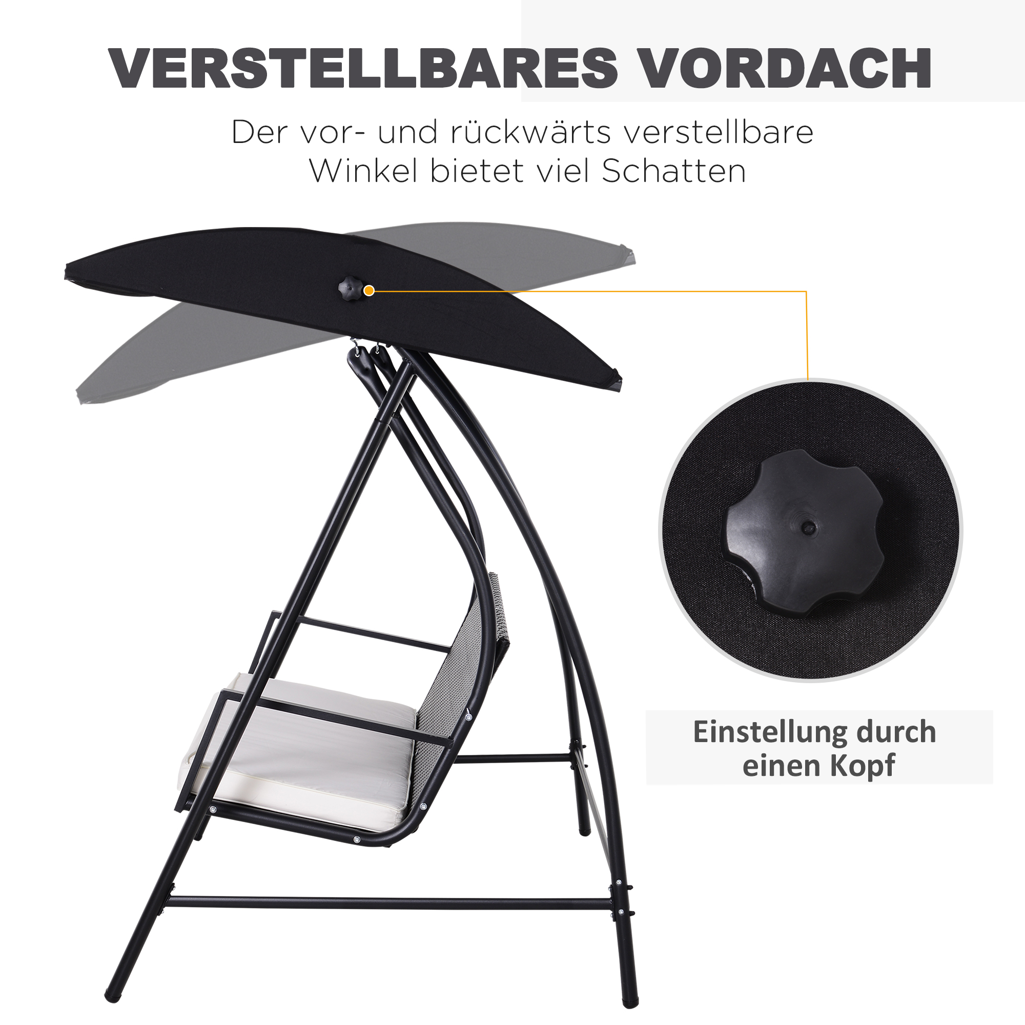 Hollywoodschaukel 3-Sitzer aus Polyrattan Gartenschaukel mit verstellbar Sonnendach Sonnenschutz Sitzkissen Hängebank bis 360 kg belastbar Hängeschaukel für Garten 198x124x179cm Schwarz