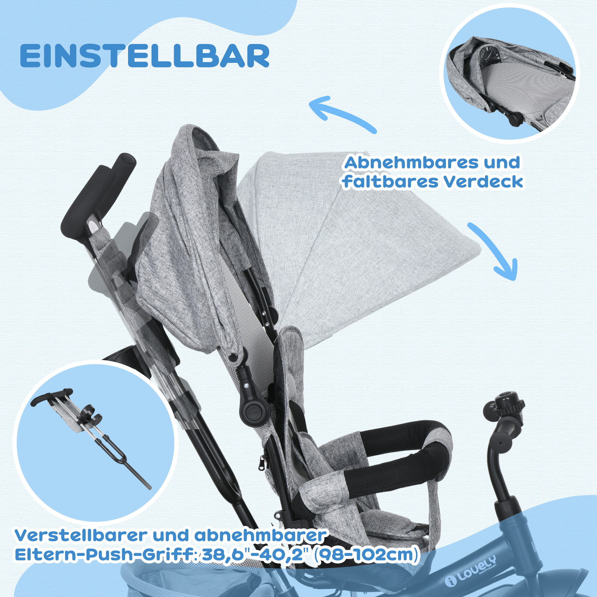Kinder-Dreirad, Kinderfahrrad, Rückenkorb, Becherhalter, Sonnendach, Metall, Grau