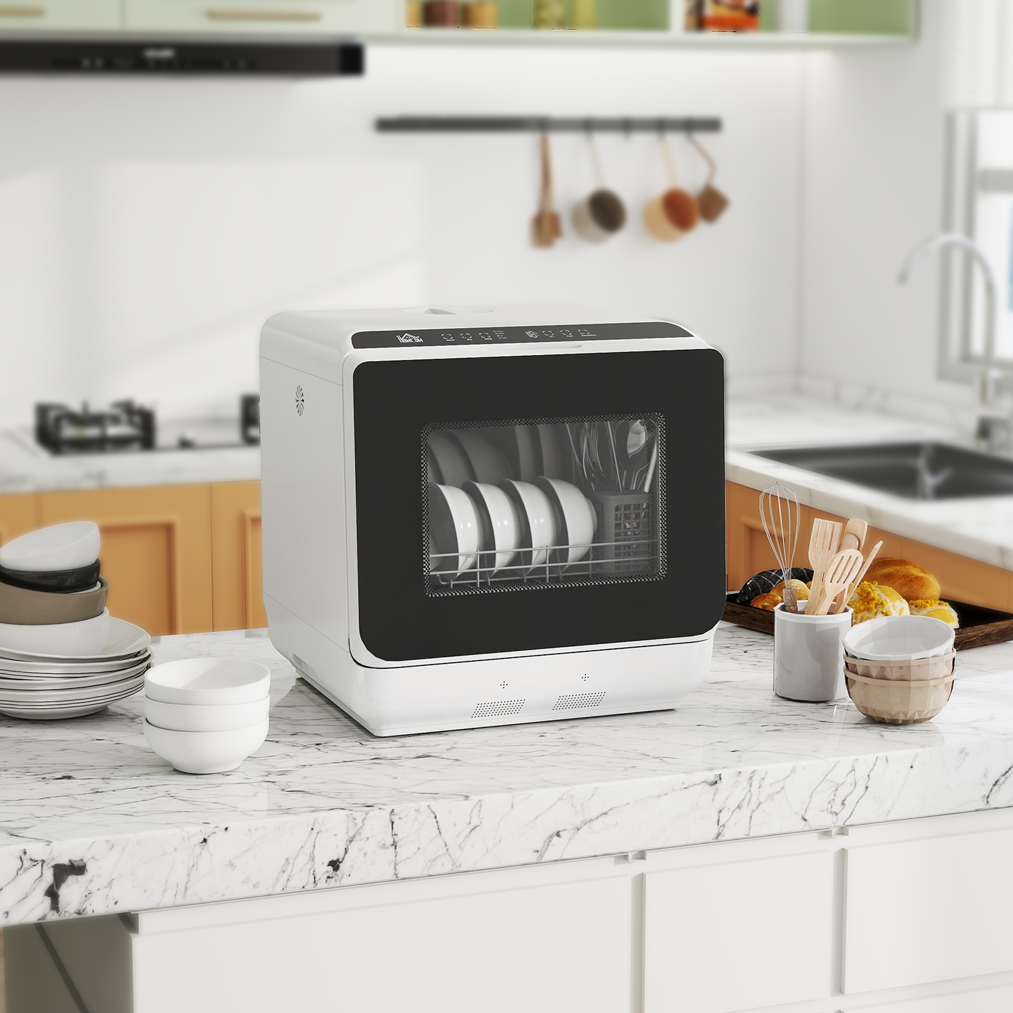 Tischgeschirrspüler, Mini-Geschirrspüler mit 6-Liter-Tank, 5 Programme, LED-Anzeige, Trocknungsfunktion, Weiß