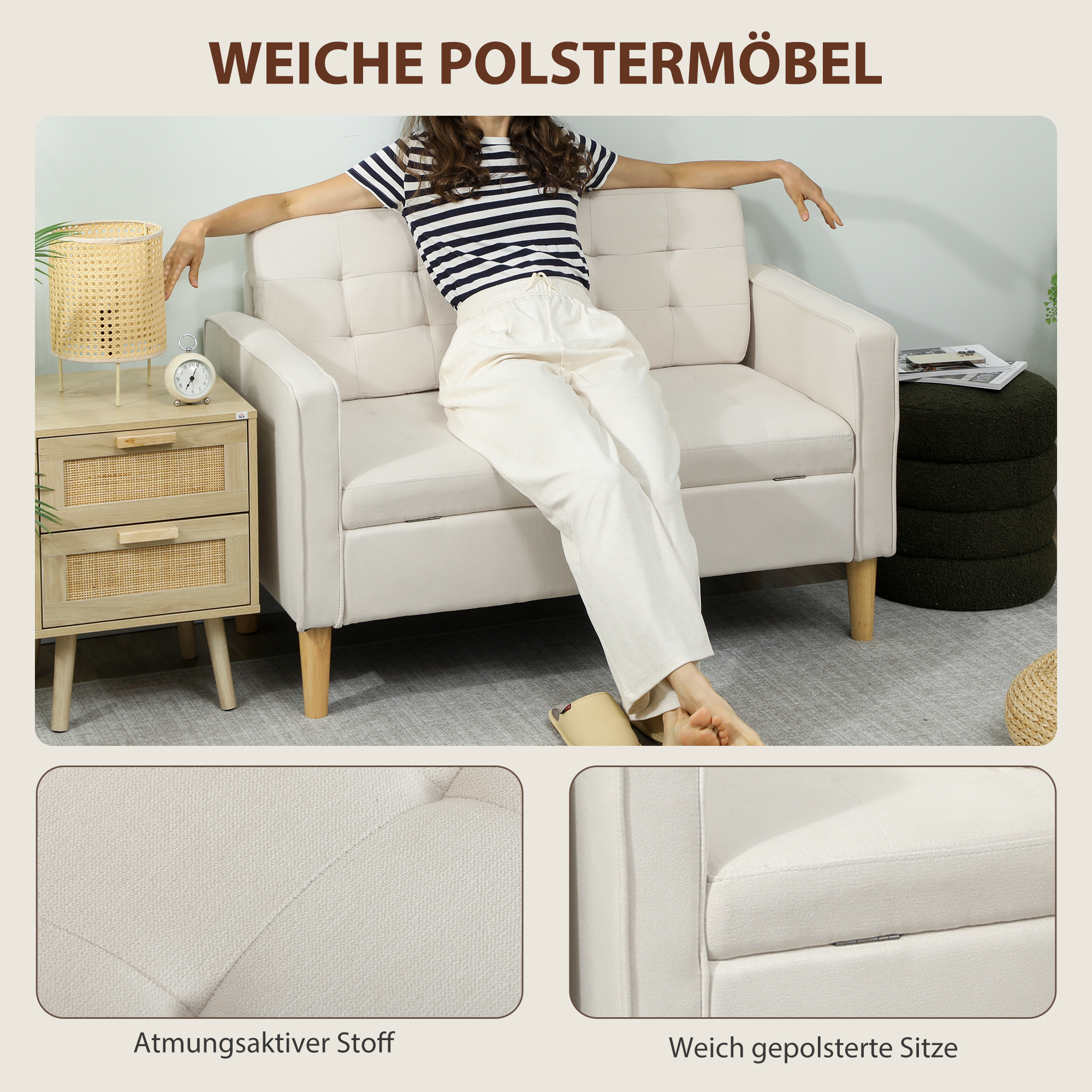 Zweisitzer-Sofa mit Stauraum, Knopfheftung, Kissen, Kautschukbaumholz, 117x62x78cm, Cremeweiß