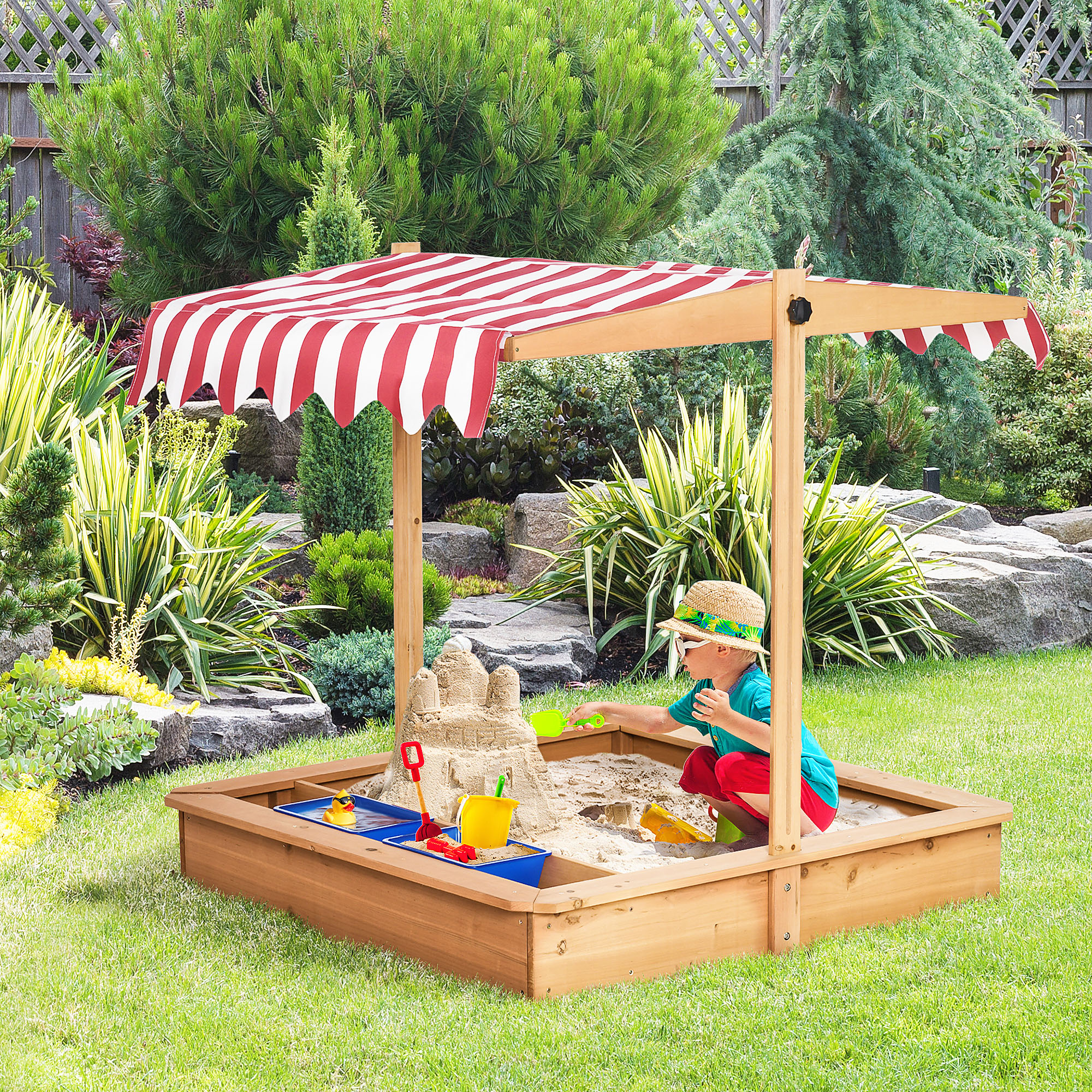 Sandkasten Sandkiste Holz Bodenloses Design Matsch-Bereich für Kinder 3-7 Jahre Sandkasten mit Abdeckung Dach für Garten Terrasse Strand Outdoor Gelb 107,5 x 107,5 x 110 cm