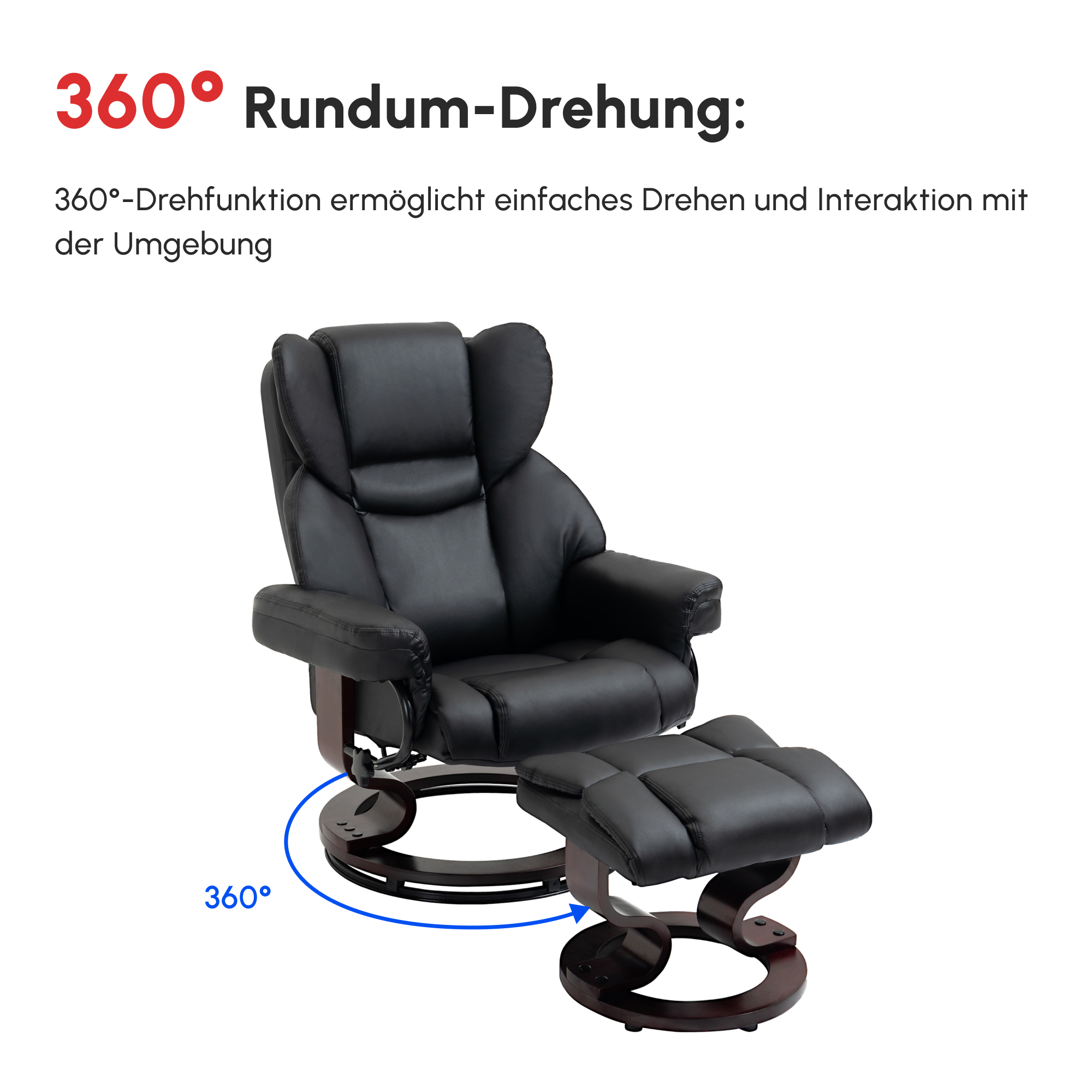 Relaxsessel mit Hocker, Liegefunktion, drehbar, bis 160 kg, Kunstleder, Metallrahmen, schwarz, 80 x 79 x 100 cm