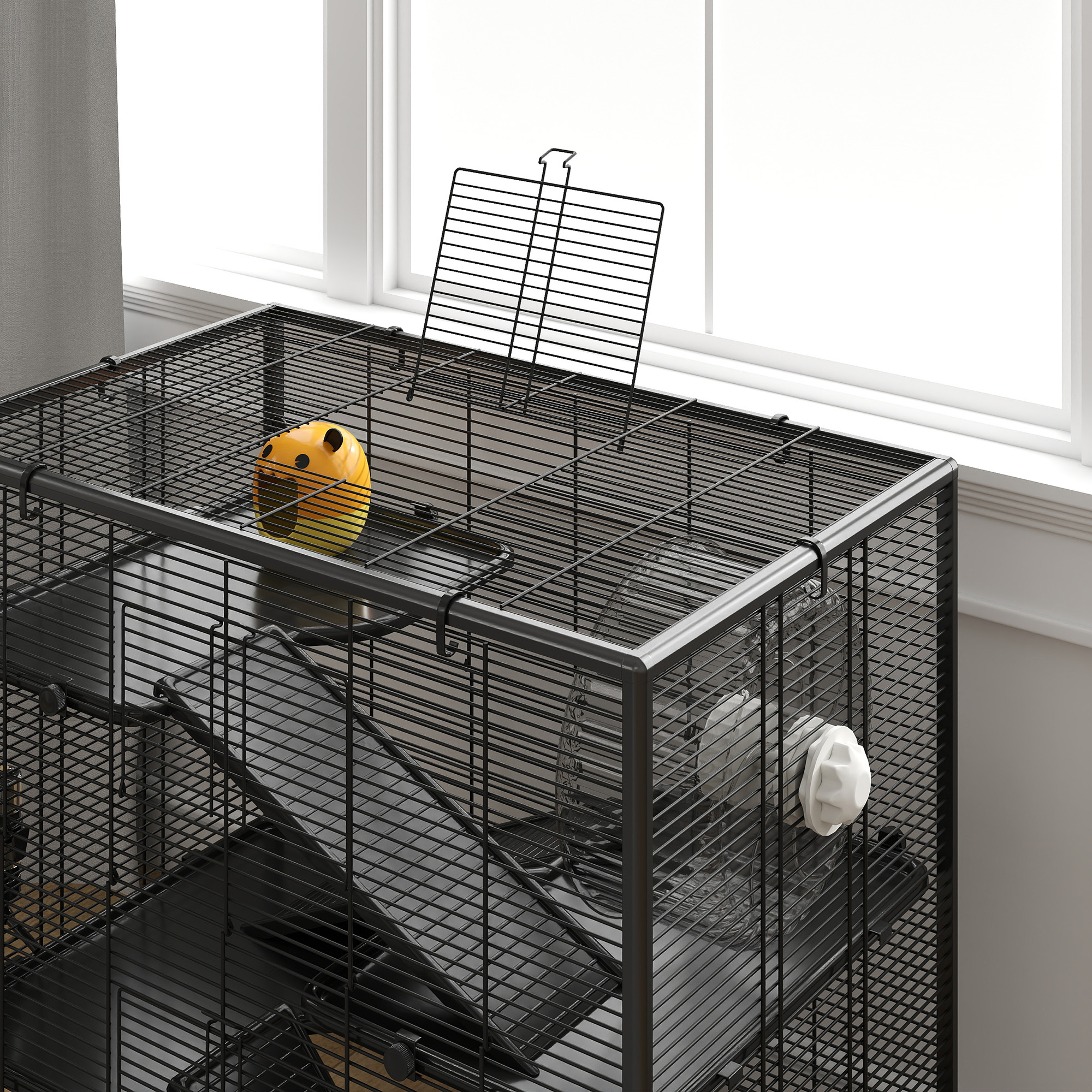 Hamsterkäfig mit Glasboden, 4-stufiges Hamstergehege mit Hütte und Zubehör, 78,5L x 48,5B x 80H cm, Schwarz