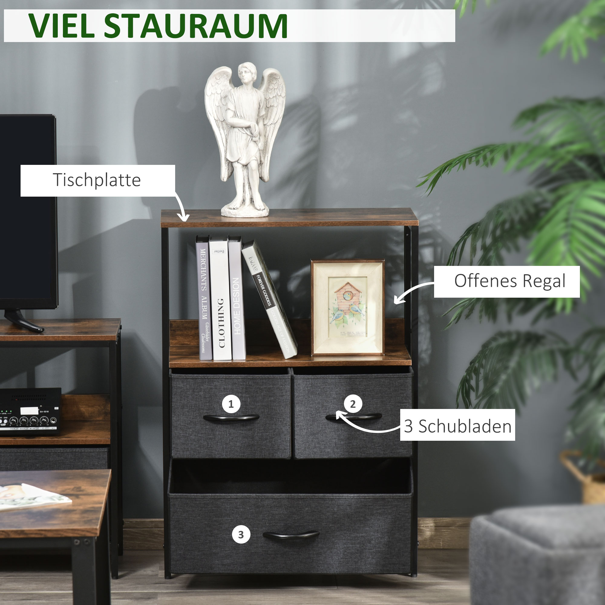 Kommode mit 3 Schubladen aus Leinen Aufbewahrungsschrank mit Ablage Griffen Schwarz