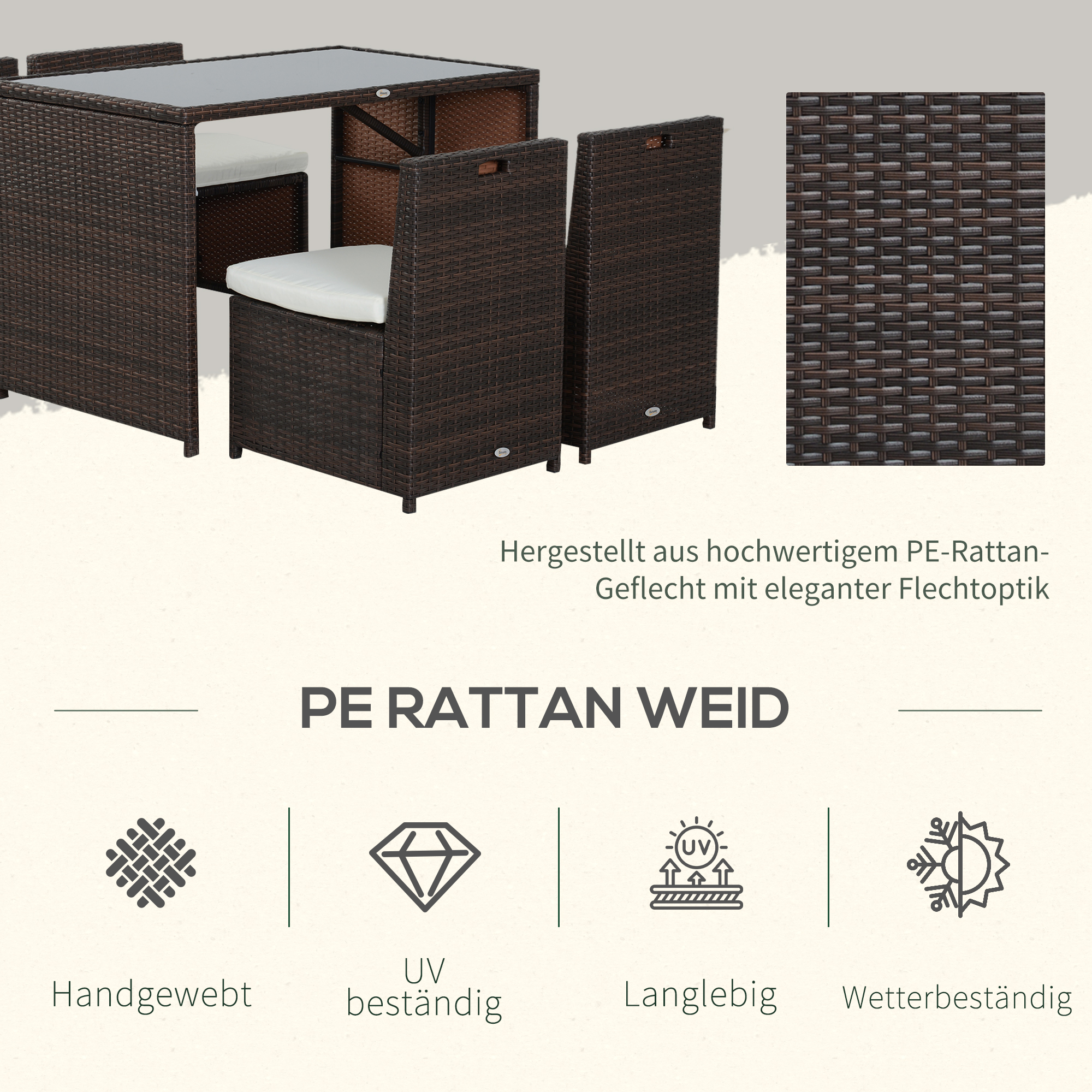 5-teiliges Polyrattan Gartenmöbel-Set, wetterfest Balkonmöbel für 4 Personen Terrassenmöbel mit Tisch 4 Stühle Kissen, Lounge-Set Essgruppe Sitzgruppe für Balkon, Garten, Braun+Khaki