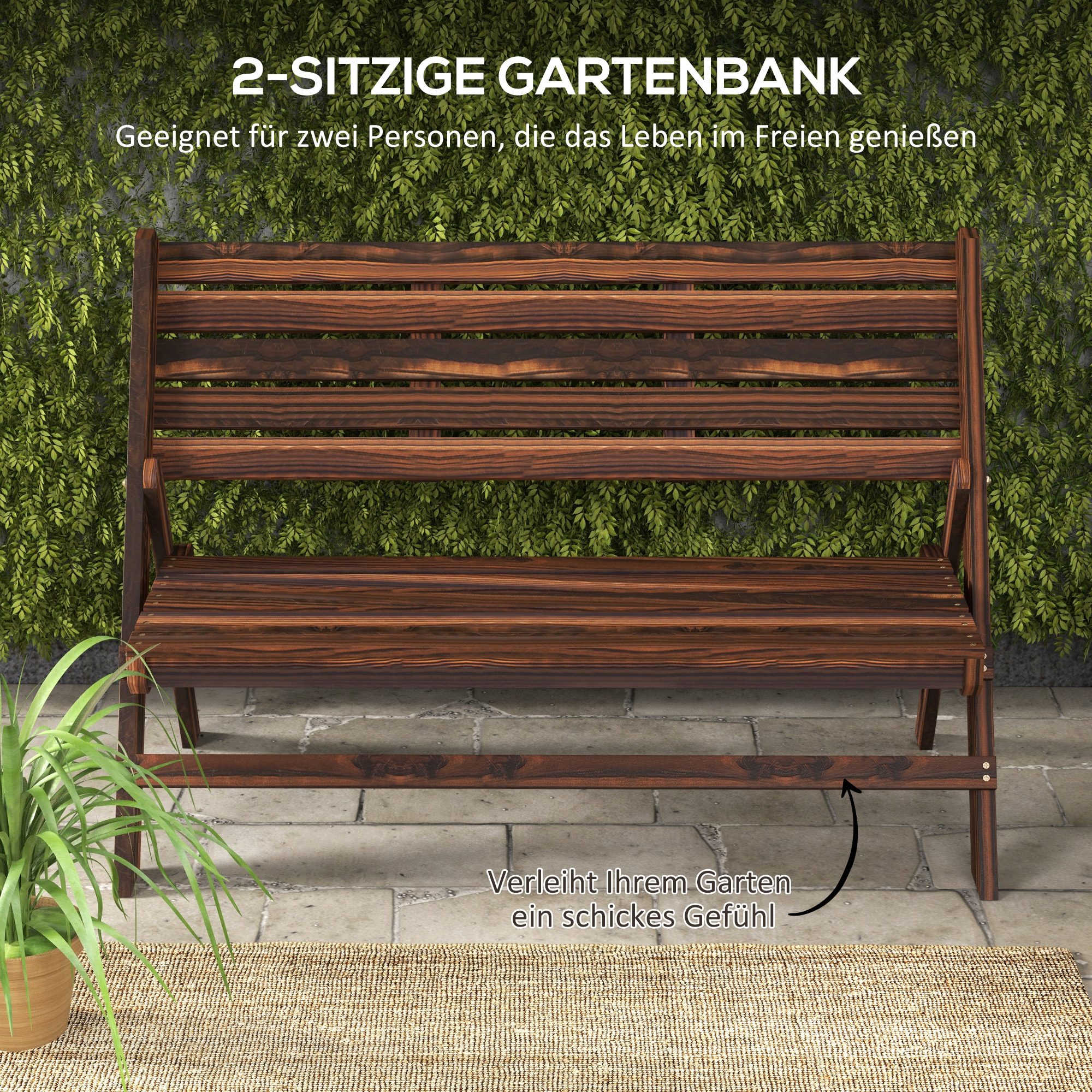 Gartenbank für 2 Personen, rustikales Design, klappbar, Naturholz, 122 x 63 x 83 cm, karbonisierte Oberfläche