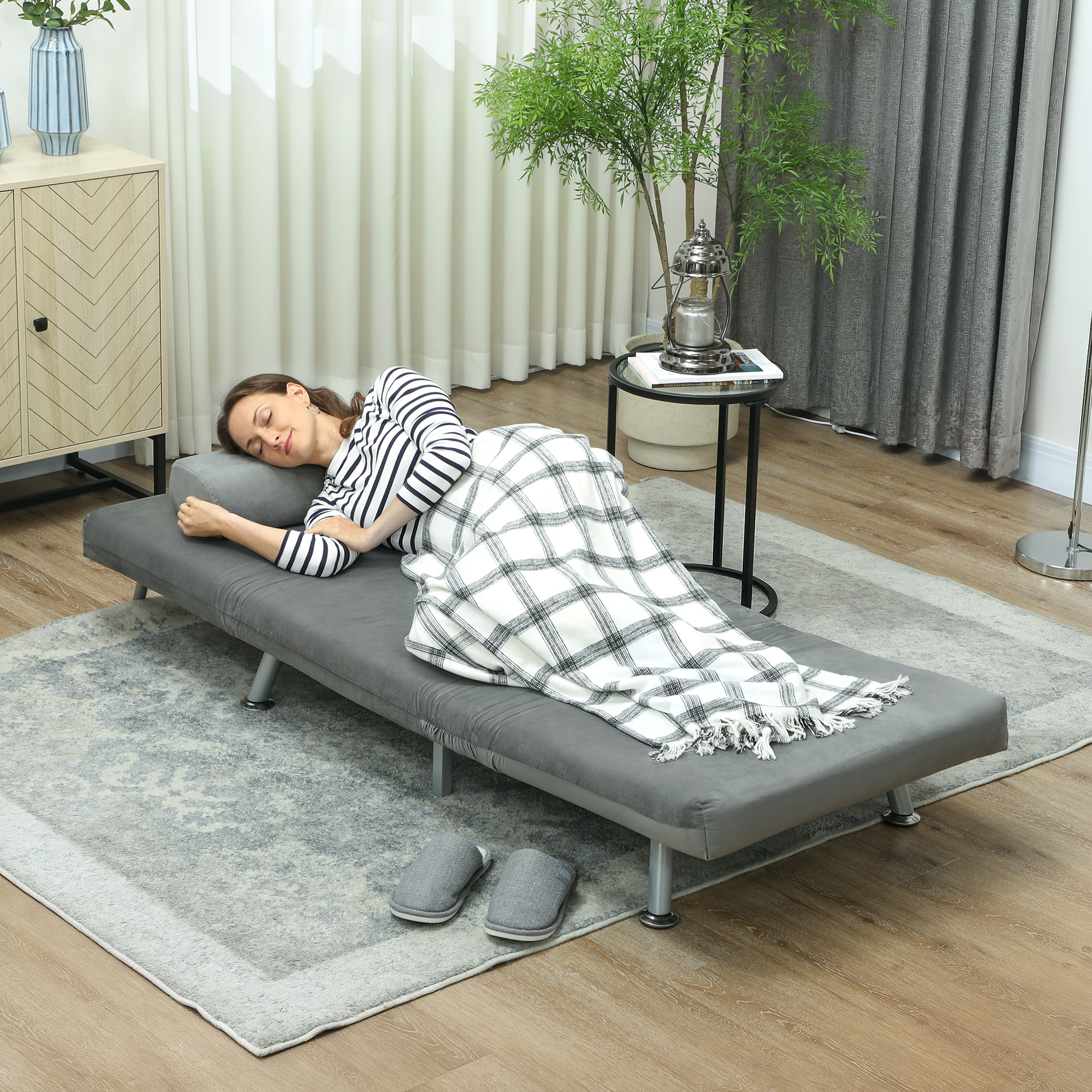 Klappsessel mit Bettfunktion, klappbarer Relaxsessel in Samtoptik, Verstellbare Rückenlehne, 75 x 70 x 75 cm, Grau