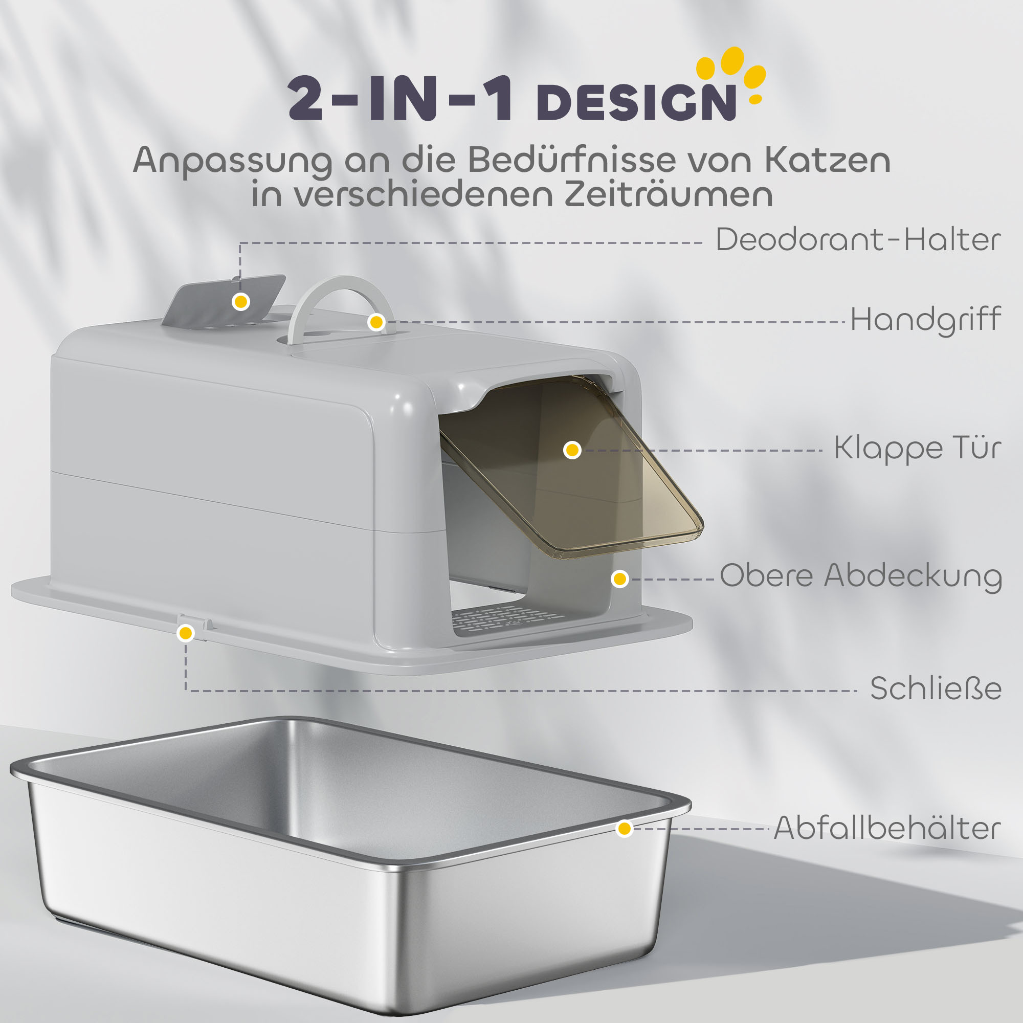 Katzentoilette, Wanne aus Edelstahl, Filter, Schaufel, für Katzen bis 6 kg, 40,5 x 60,5 x 41,5 cm, Grau/Silber