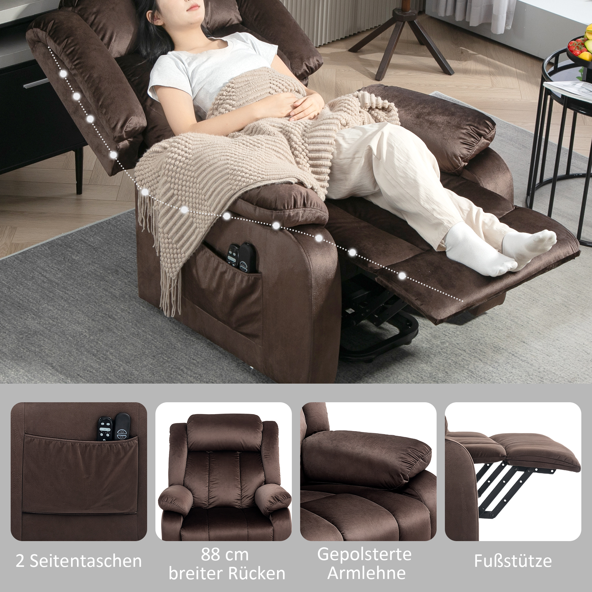 Aufstehsessel mit Massagefunktion und Lendenheizung, Recliner-Sessel mit Fernbedienungen und Seitentaschen, Braun