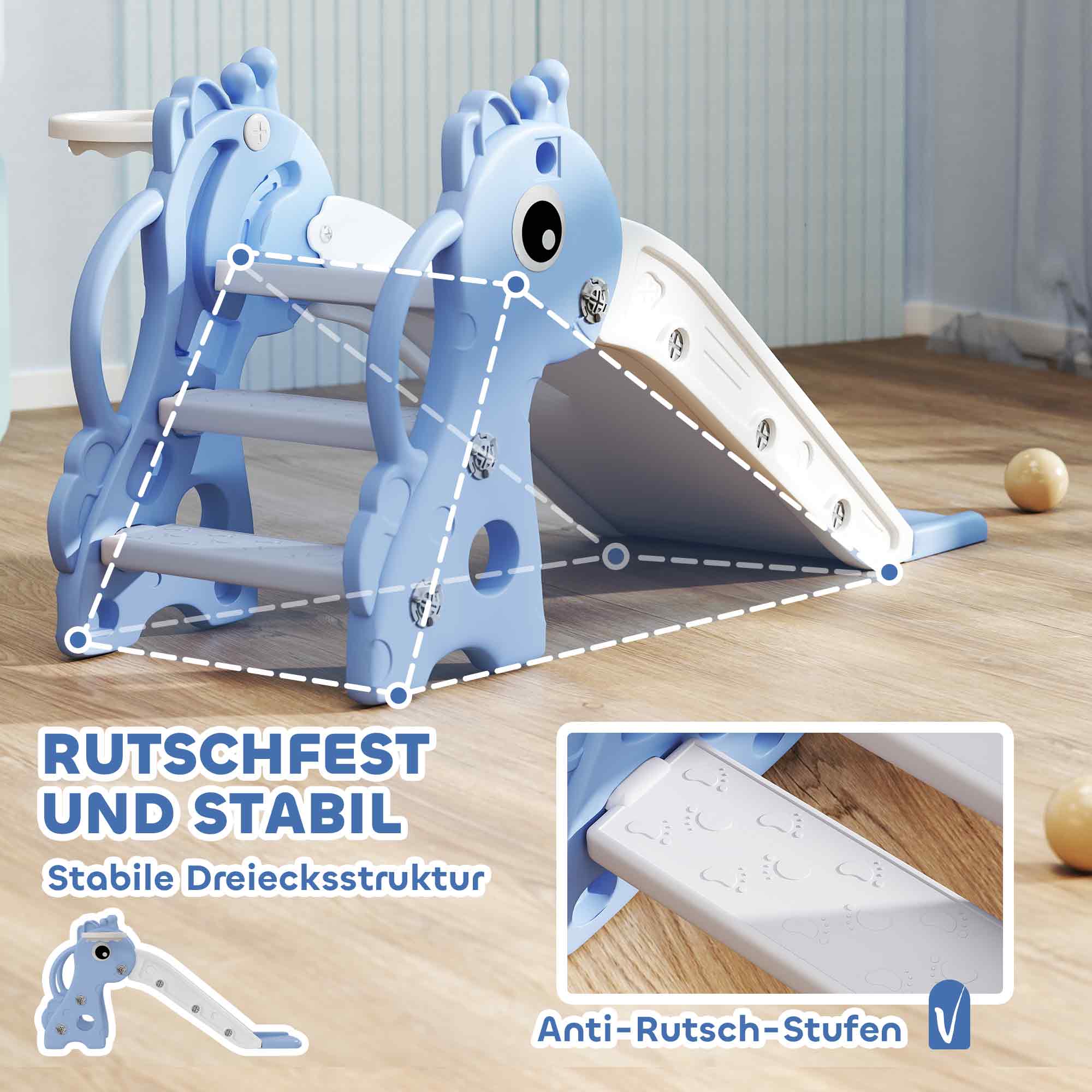 3-in-1 Rutsche für Kinder, Giraffenform, Basketballkorb, Ball, Blau