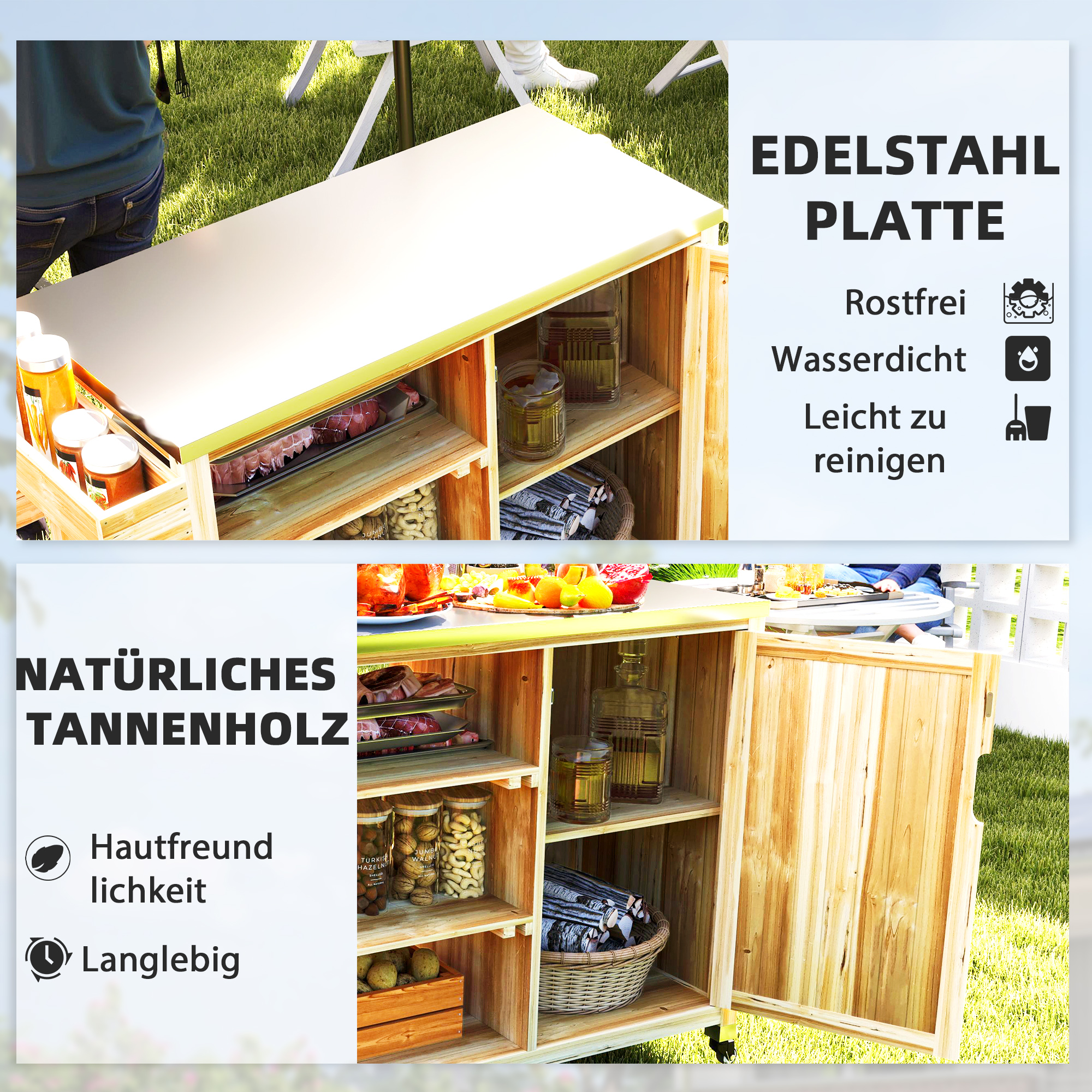 Outdoor-Kücheninsel, Grillwagen mit Schrank und Regalen, Küchenwagen aus Holz und Edelstahl, mit Rollen, Naturholz