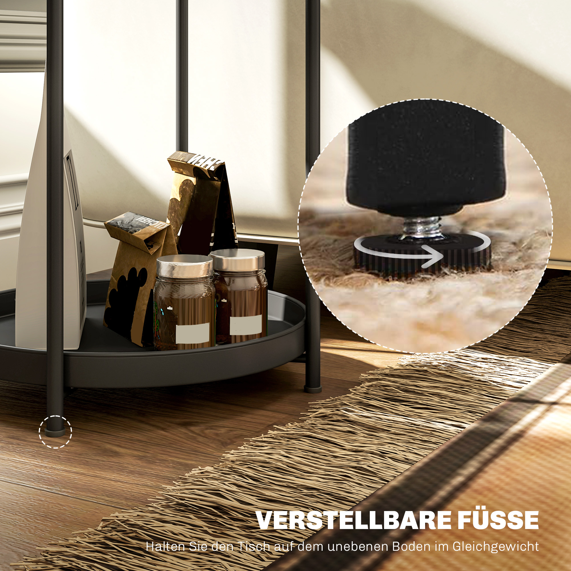 Runder Beistelltisch mit Regalboden, 2-stufiger Kaffeetisch für Wohnzimmer, Schlafzimmer, kleine Räume, Metall, Schwarz