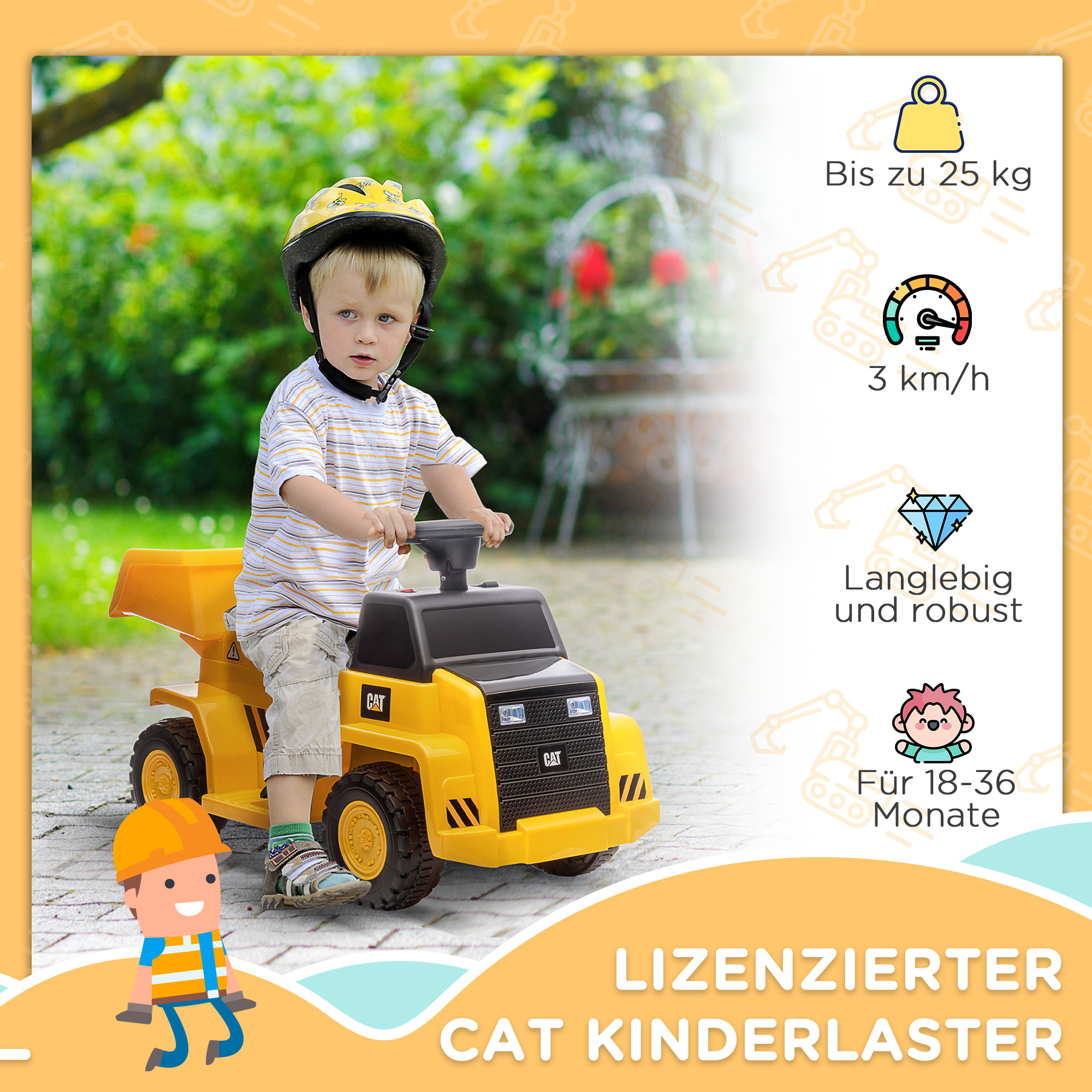 Elektro-Kipplaster für Kinder, kippbare Ladefläche, max, 3 km/h, Scheinwerfer, Hupe, gelb, 74,5 x 36 x 43,5 cm