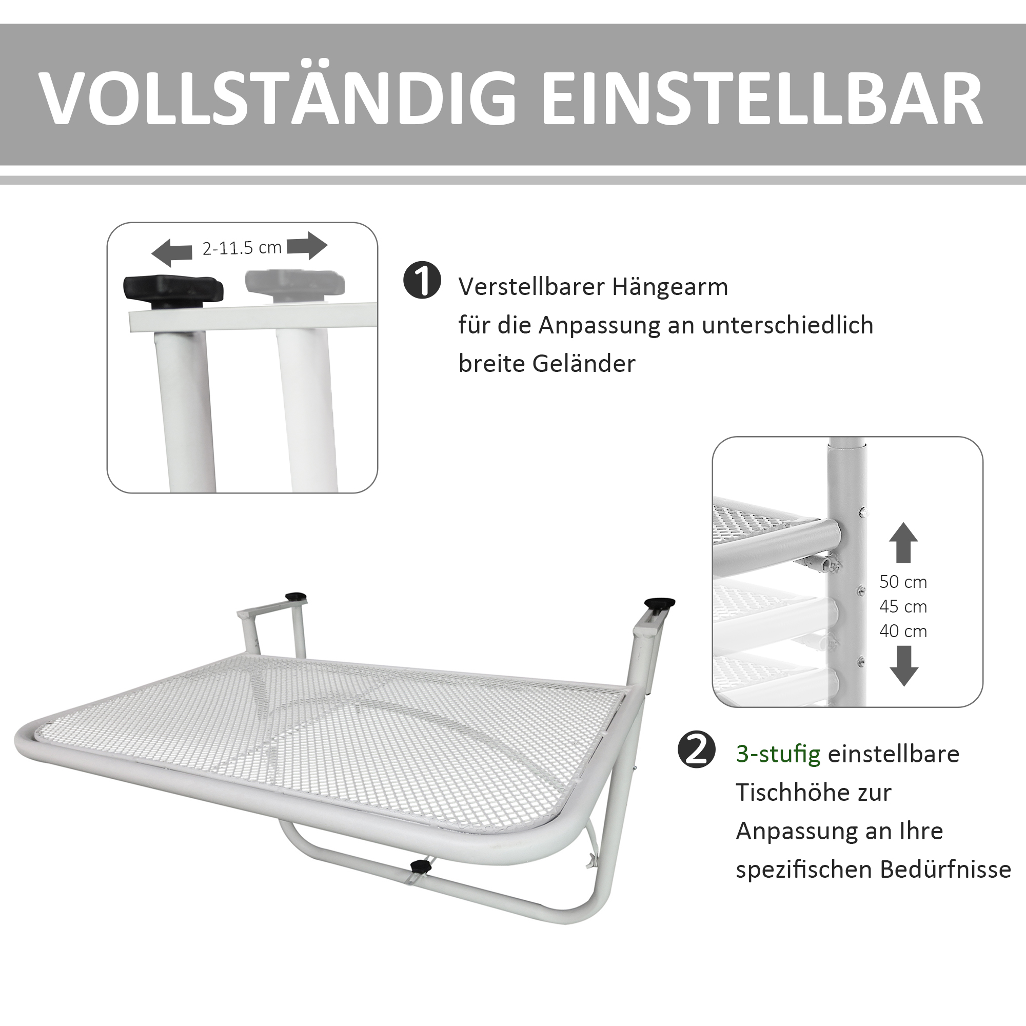 Balkonhängetisch 3-fach höhenverstellbarer Hängetisch aus Metall wetterfest Balkontisch Beistelltisch für Balkongeländer Terrassengeländer Tisch zum Einhängen 60 x 56 cm, Weiß