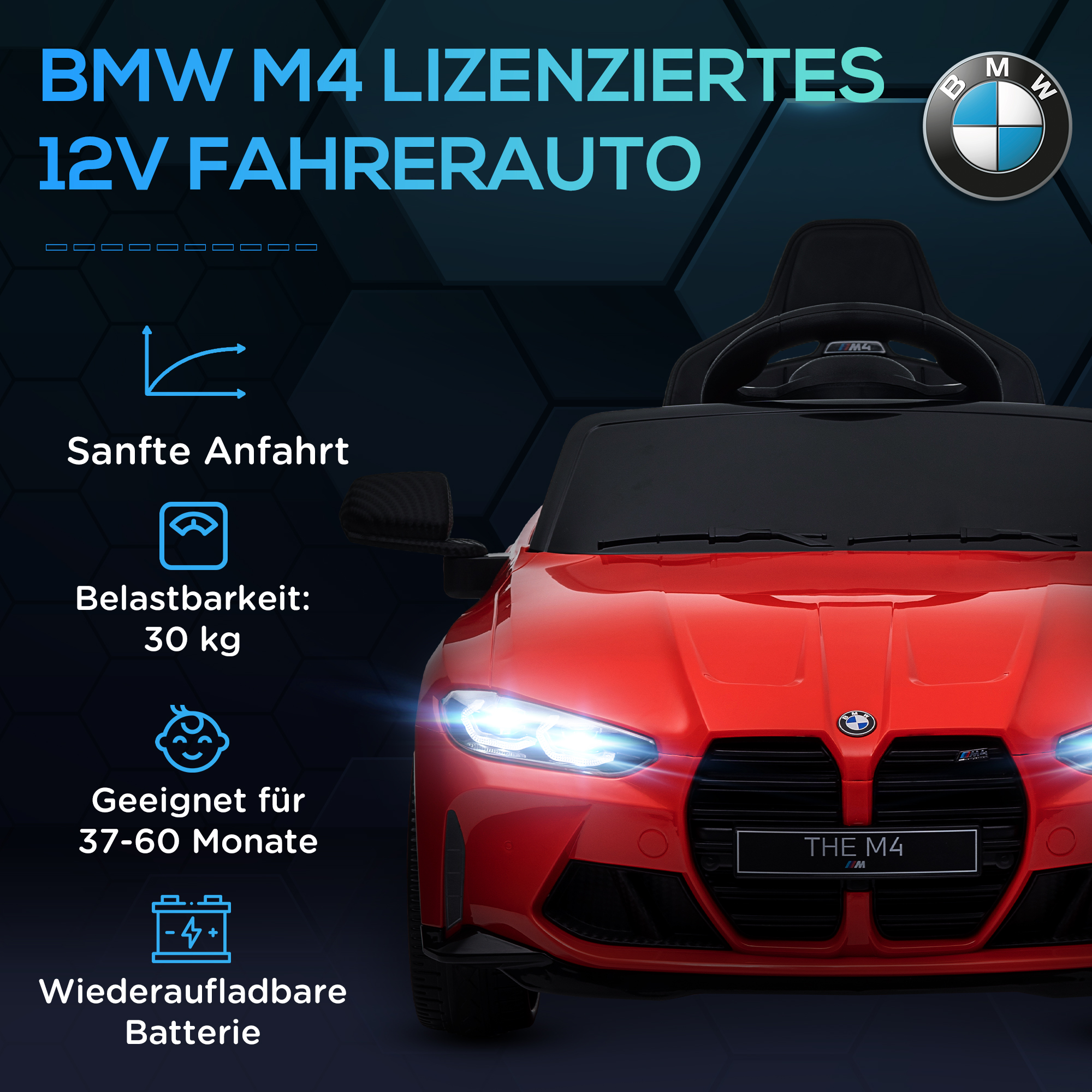 Elektro Kinderauto BMW M4, Sound & Licht, 3-5 km/h, inkl, Fernsteuerung, für 3-5 Jahre, Rot