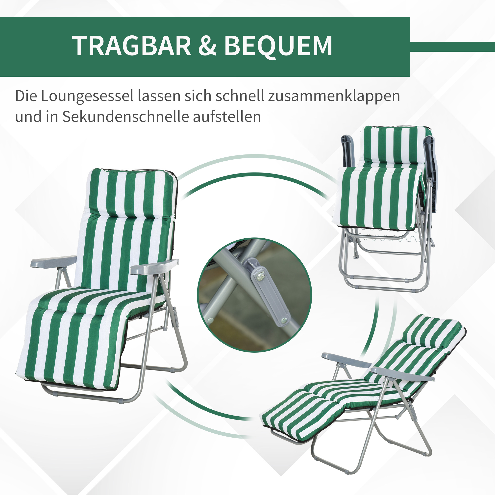 Gartenliegen 2er-Set klappbar mit Auflagen 60 x 75 x 102 cm Stahl Grün+WeiB