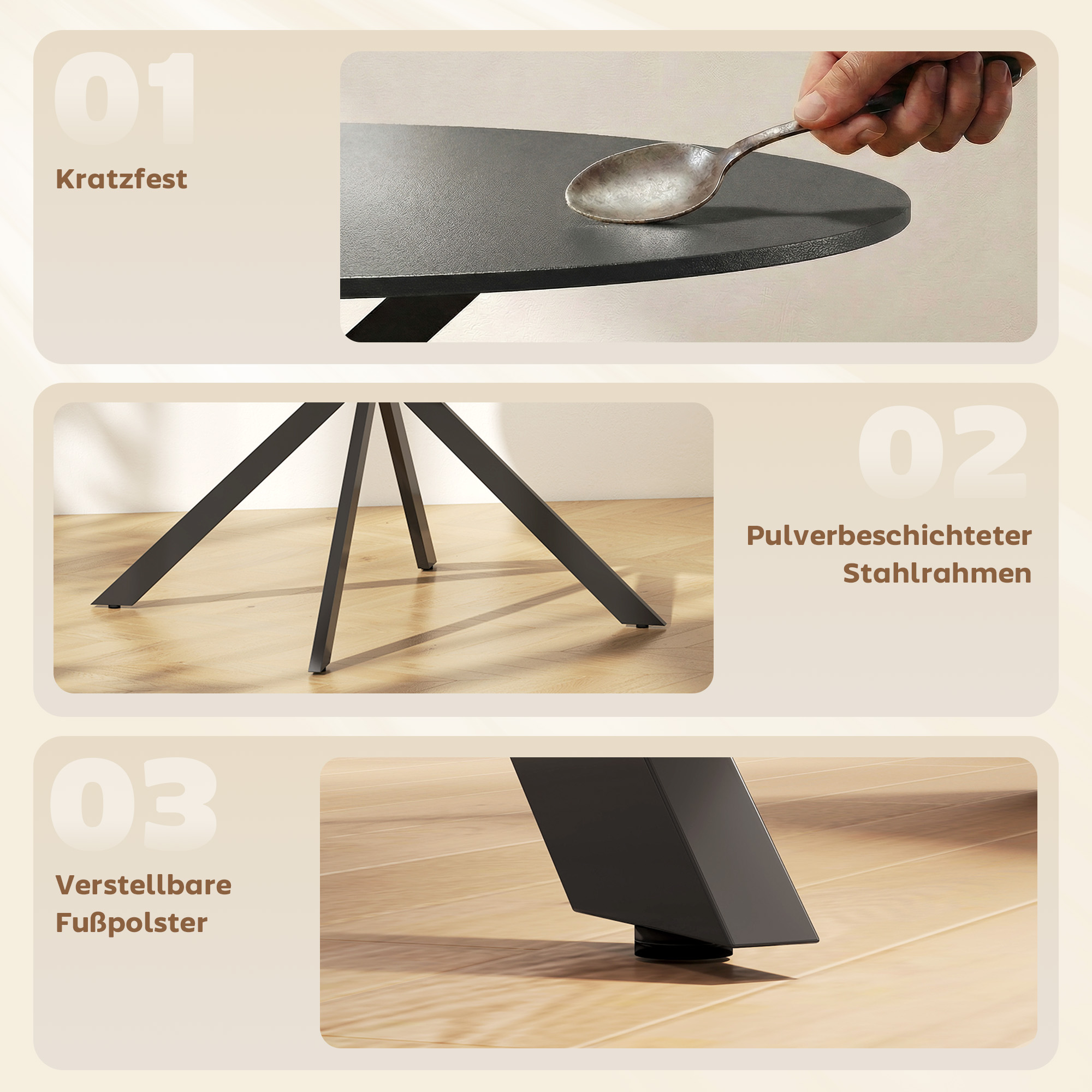 Runder Esstisch für 4 Personen, Küchentisch im Industriestil mit Stahlbeinen, für Esszimmer, Küche, Schwarz