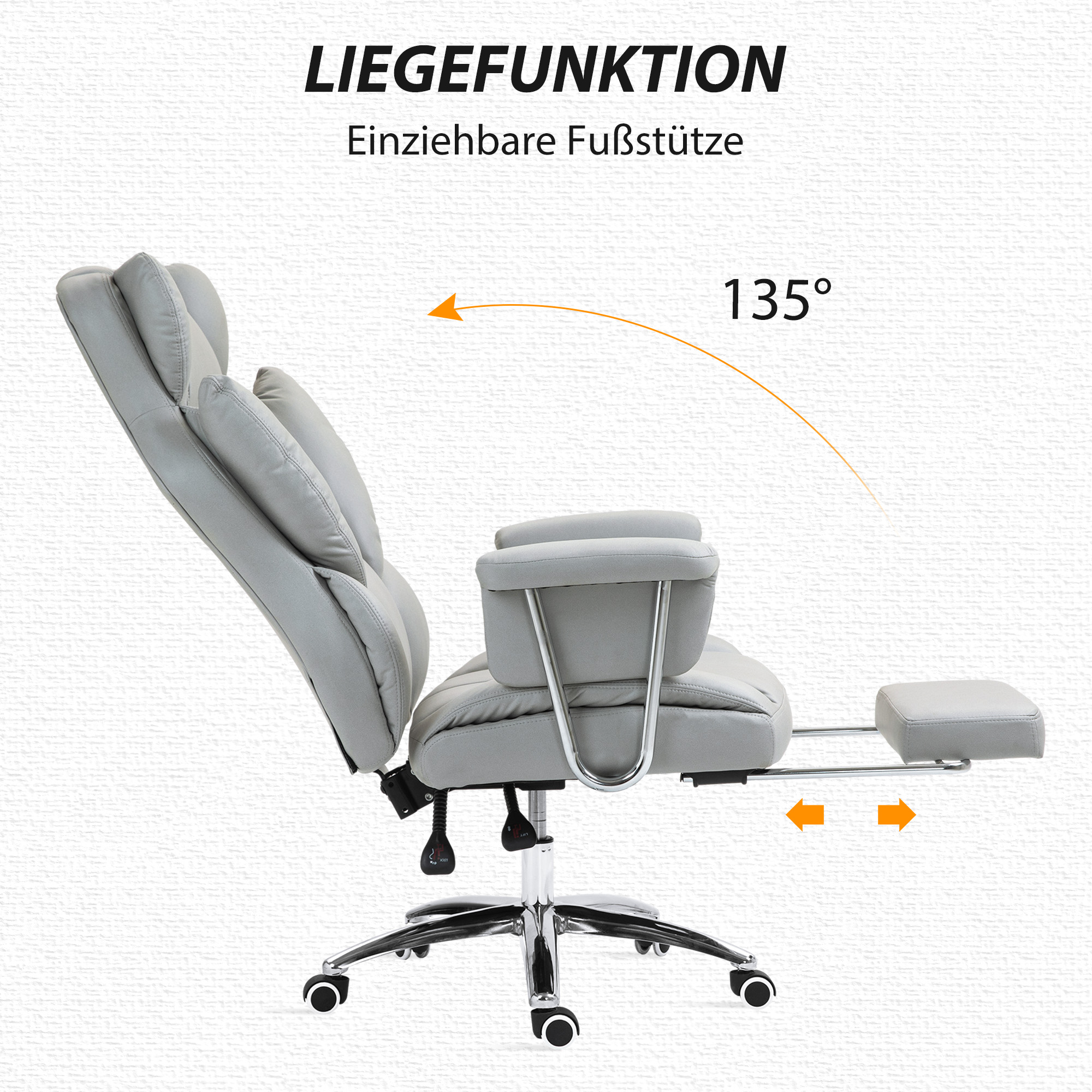ergonomischer Bürostuhl, gepolstert, mit Fußstütze, verstellbarer Lehne, 360° drehbar, Hellgrau