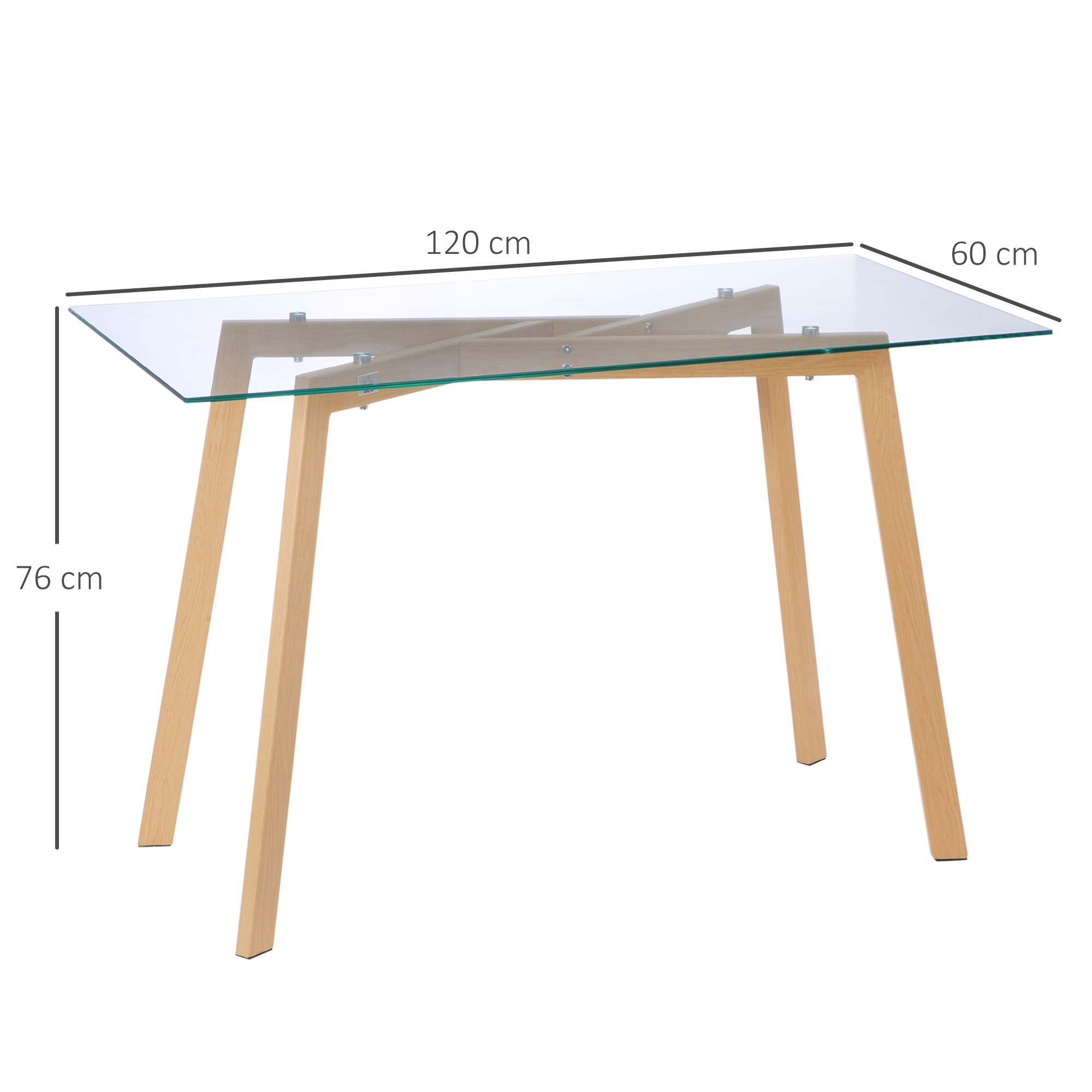 Esstisch für 4 Personen, Glasplatte, Stahlgestell, Holzoptik, 120L x 60B x 76H cm