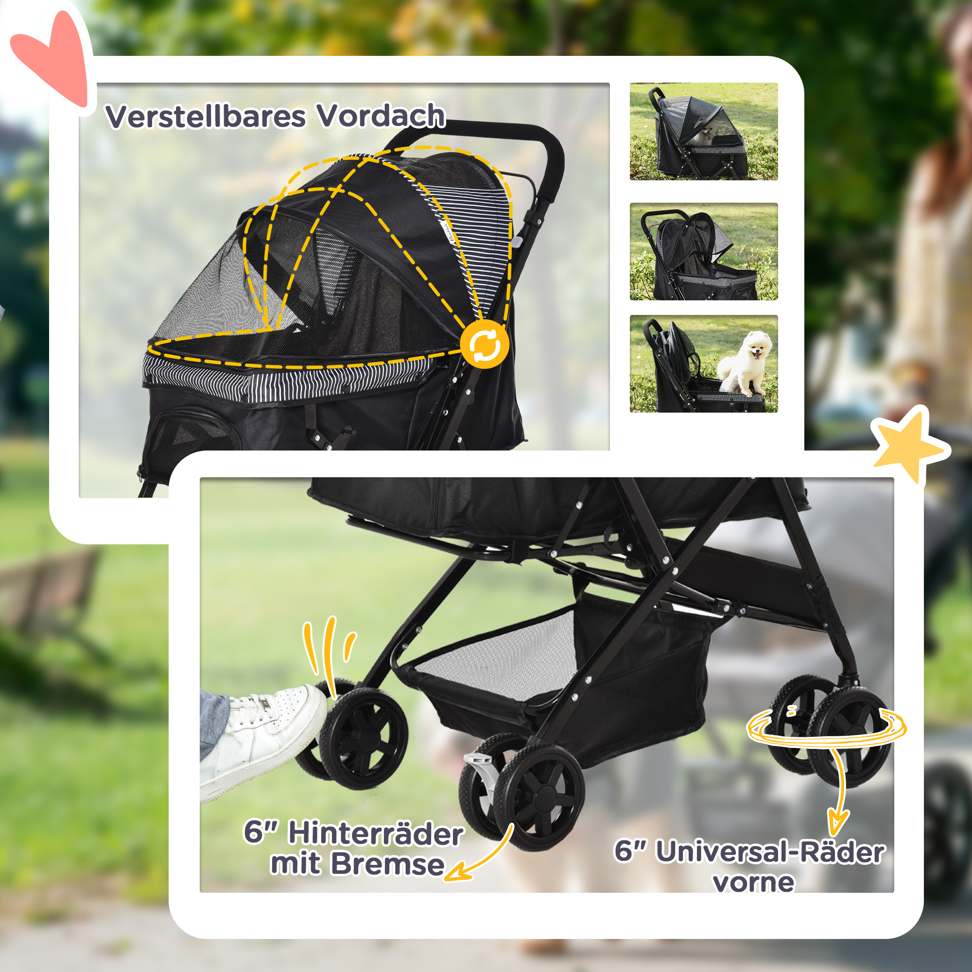 Hundebuggy Hundewagen Buggy für kleine Hunde und Katzen Haustierwagen Pet Stroller Katzenbuggy Oxford Schwarz 76,5 x 52 x 95 cm