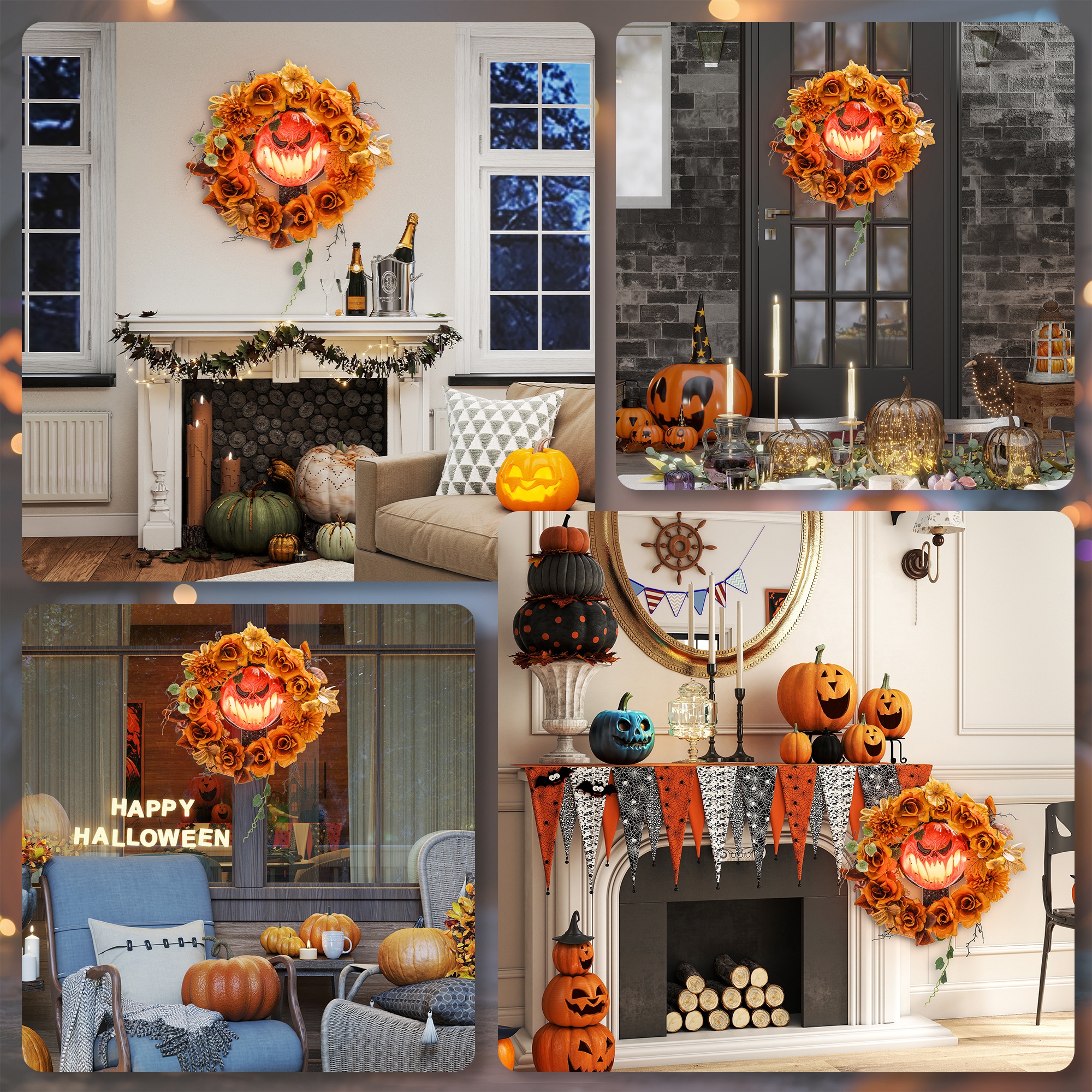 Halloween-Kranz, Grusel-Kürbis-Design, Herbstblätter, Lichteffekte, Kunststoff