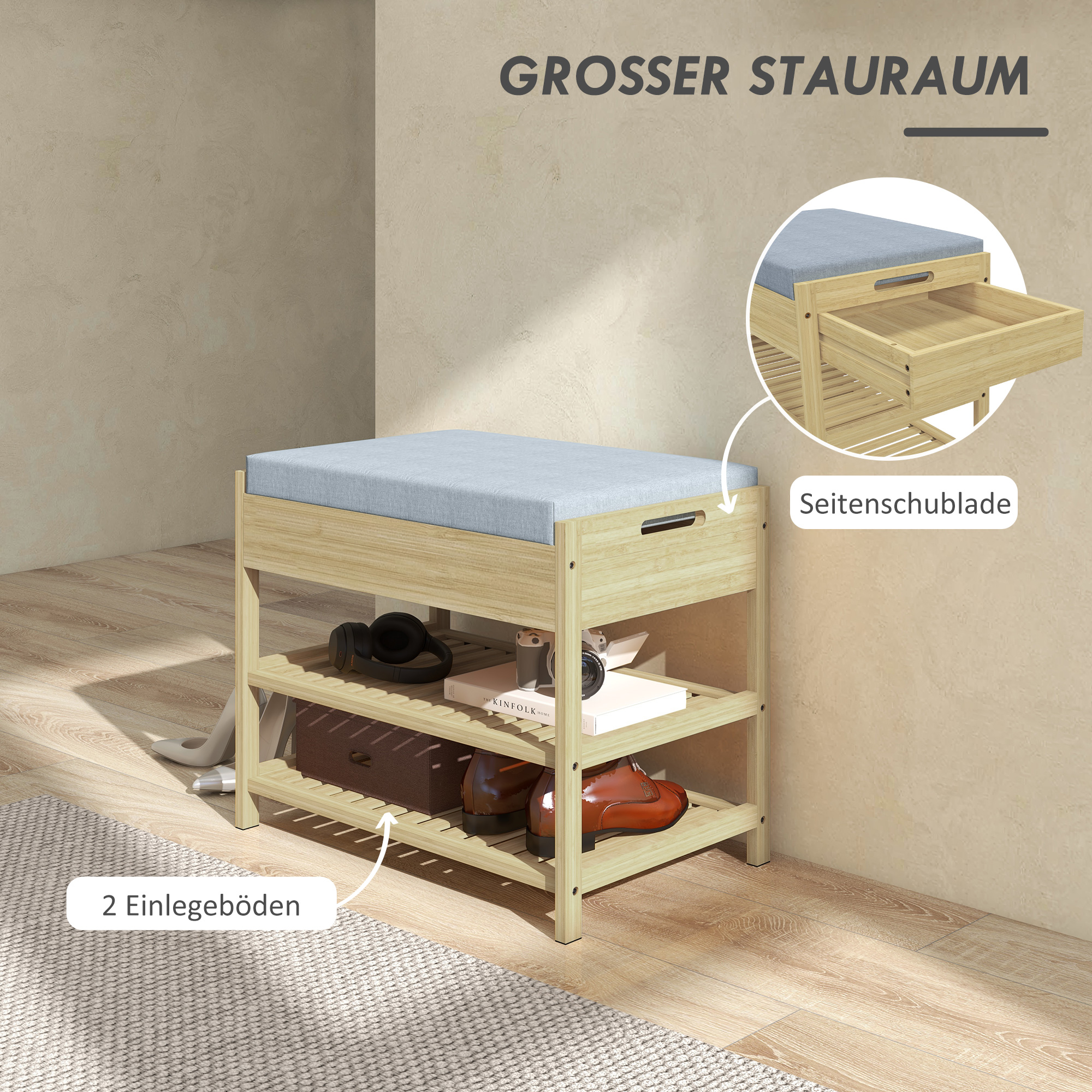 Schubank Schuhregal, 2 Ablagen, Sitzpolster, Bambus, 55 cm x 35 cm x 46 cm, Grau + Natur