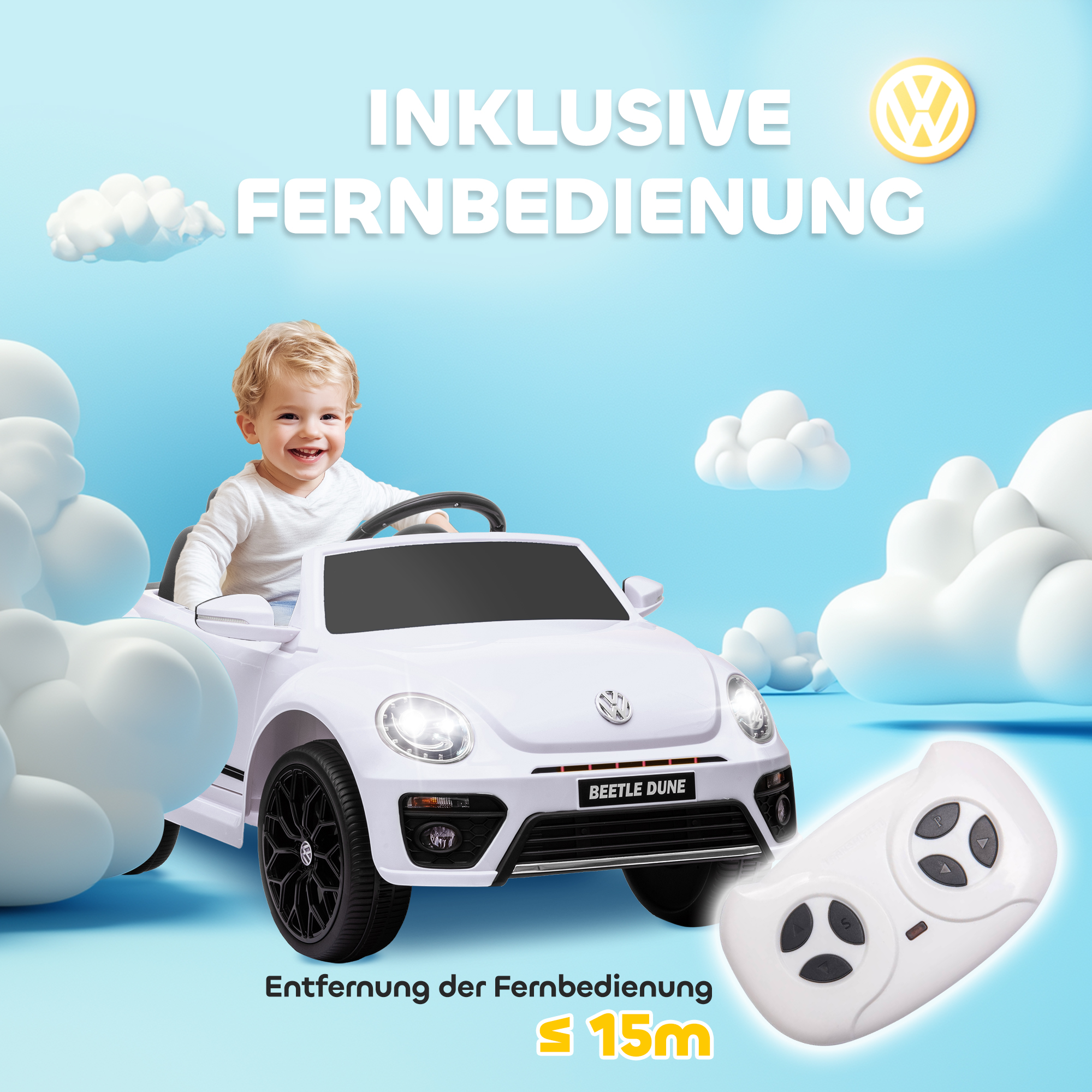 Kinderfahrzeug, VW Käfer, 3-5 km/h, mit Fernbedienung & Musik, Weiß