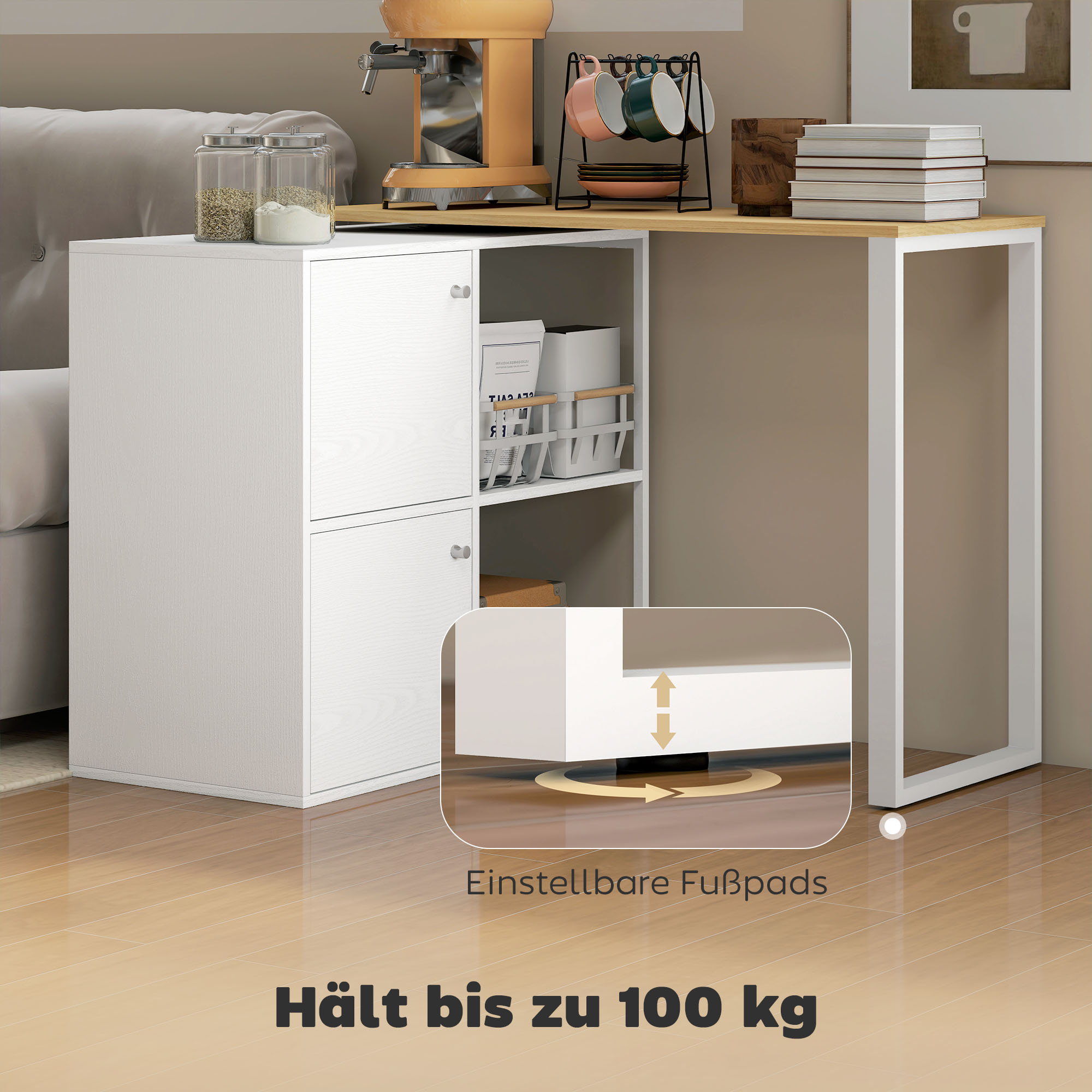 Schreibtisch L-förmig, 360° drehbarer Eckschreibtisch mit 2 Lagerschränken, 2 offenen Regalen, Computertisch für kleine Räume, Arbeitszimmer, Wohnzimmer, 150x40x75 cm, Weiß