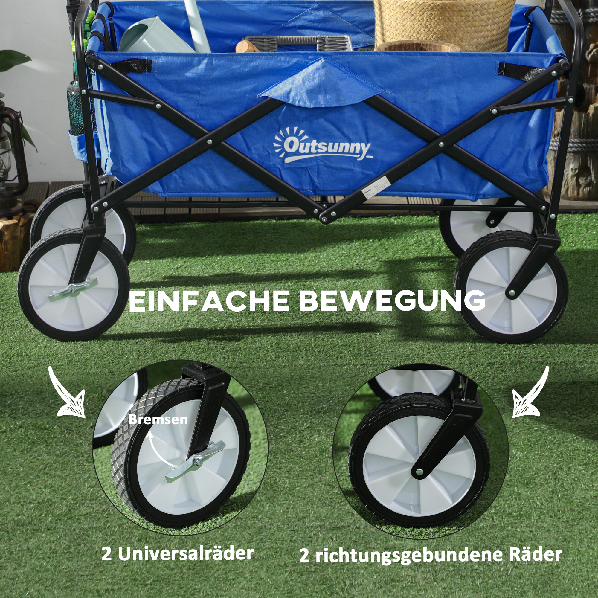 Bollerwagen Handwagen mit faltbar Bremsen Verstellbarem Griff Transportwagen 68 KG Belastbar, Strandwagen Gartenwagen für Strand Garten Einkauf Shopping