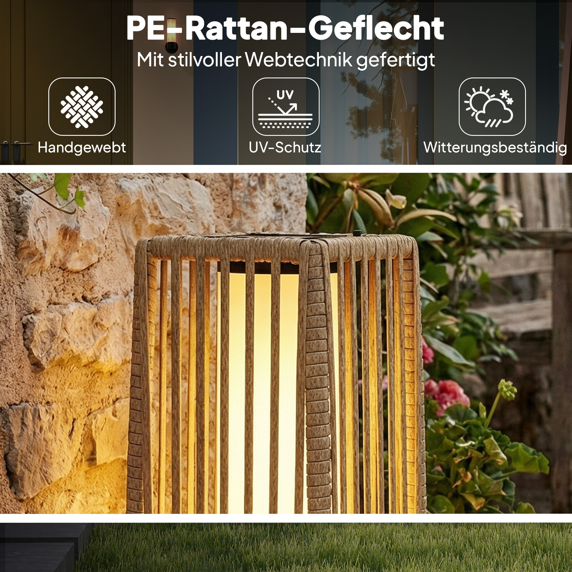 Solar Stehlampe Rattan Solarlampen mit Lichtsensor Automatische LED Solarleuchte im Boho-Stil IP44