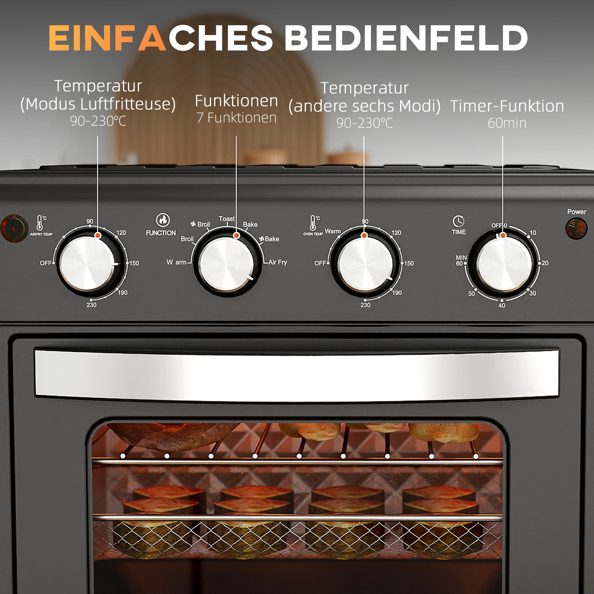 Minibackofen, Heißluftfritteuse, 90-230° C, 7 Programme, Zubehör, Schwarz