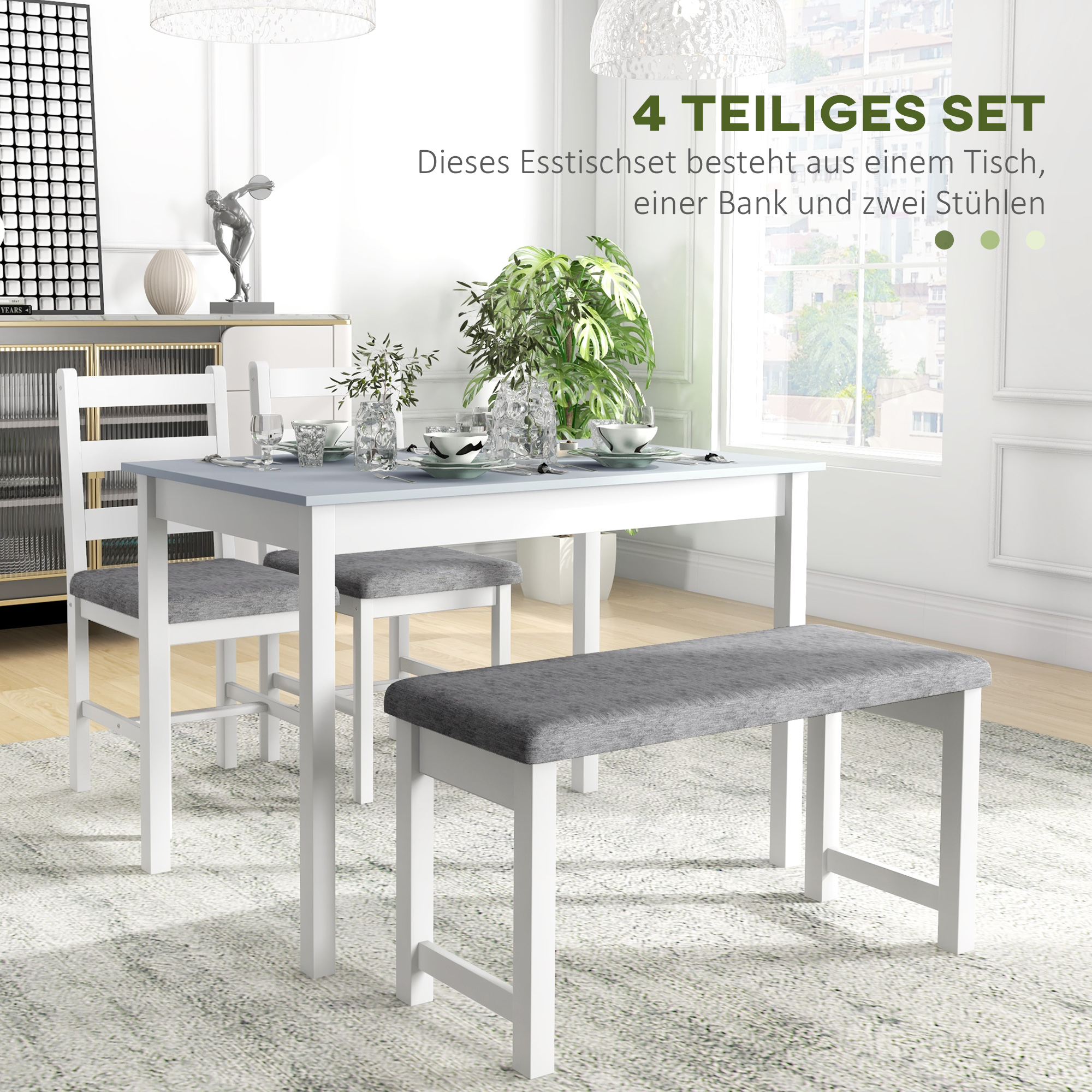 Sitzgruppe, 4-teiliges Esstisch-Set, 1 Tisch, 1 Bank, 2 Stühle, Grau + Weiß