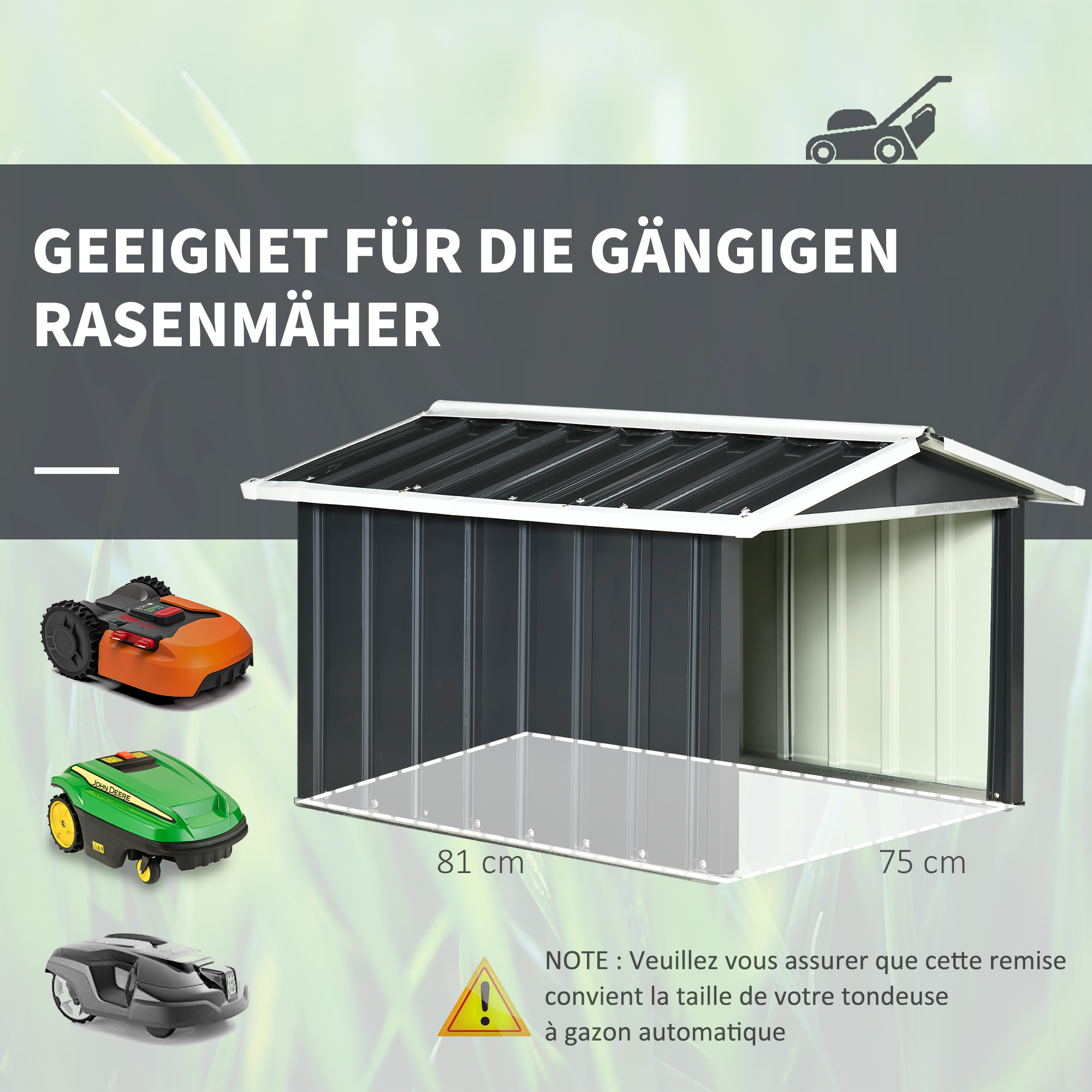 Metallschuppen für Rasenmähroboter, rostfrei, 86 x 100 x 63cm, Dunkelgrau