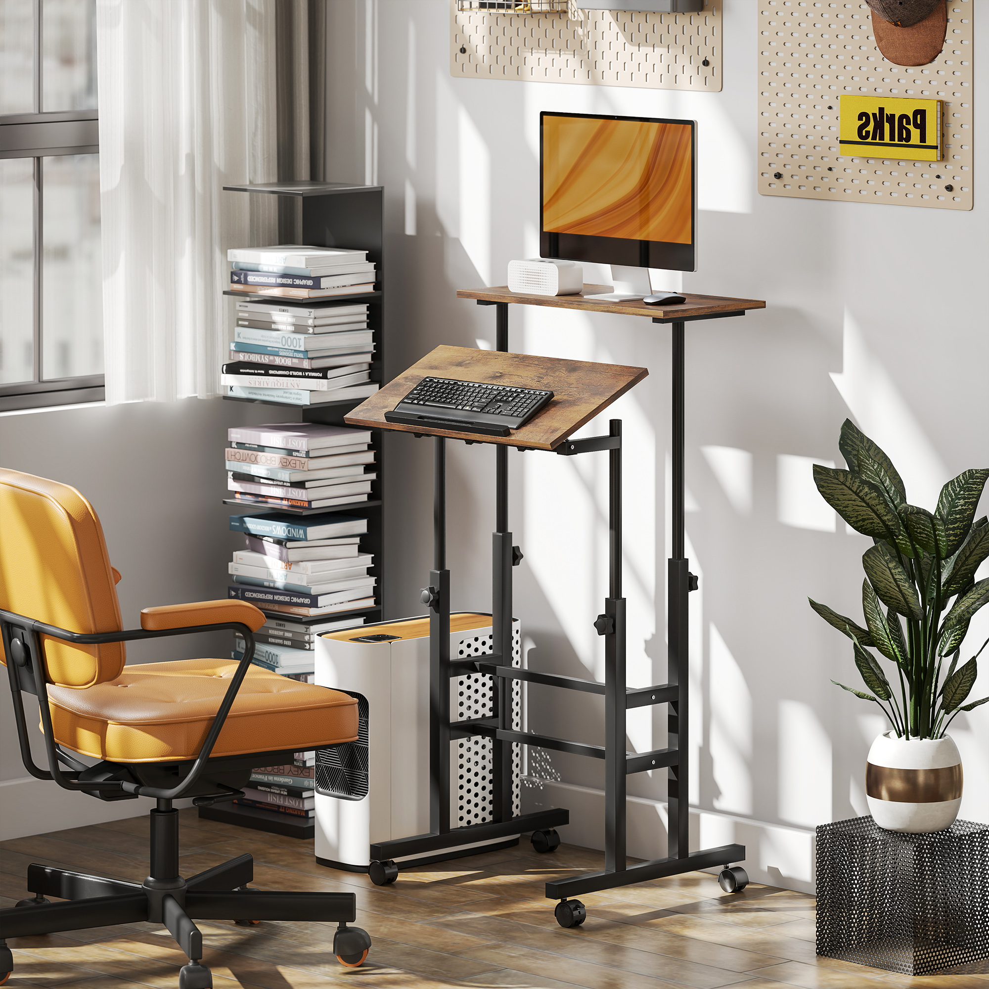 Schreibtisch, höhenverstellbar, Küchentisch mit Regal, Rollen, Computertisch Rustikal Braun 60 x 60 x 70,5-120 cm