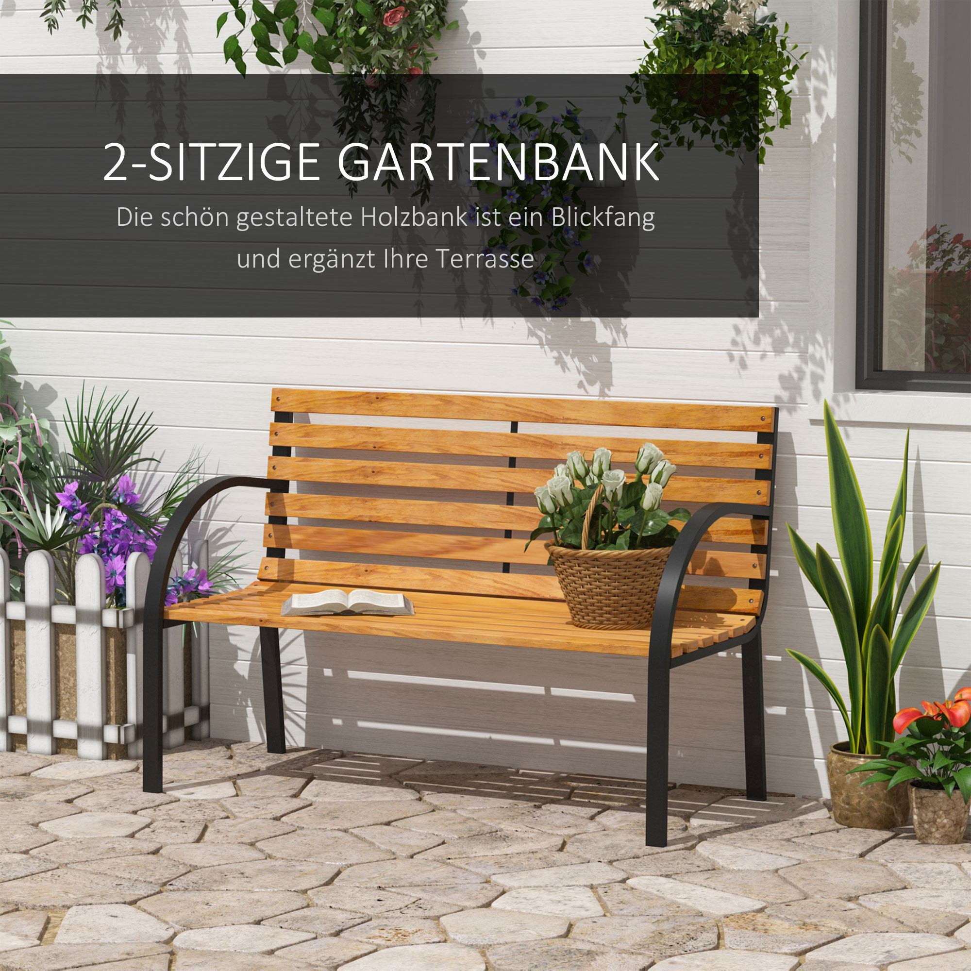 Gartenbank Sitzbank Parkbank 2-Sitzer Garten Stahl+Kiefernholz Natur B122 x T60 x H83 cm