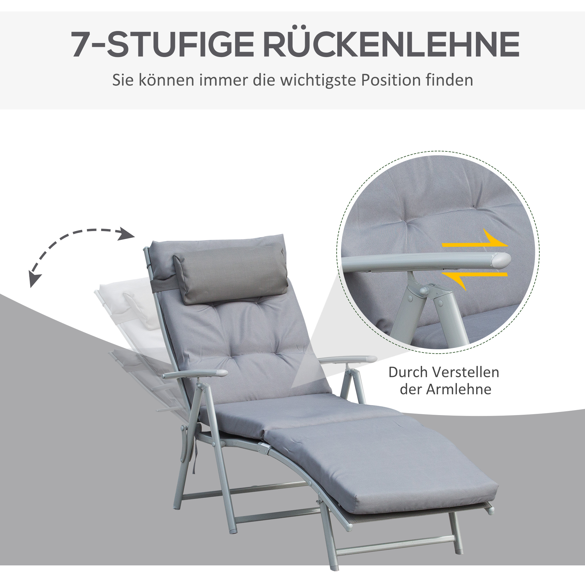 Sonnenliege klappbar Strandliege mit Kopfkissen Sitzkissen Liegestuhl mit 7-Fach verstellbare Rückenlehne Gartenliege Relaxliege bis 165 kg belastbar, für Garten Urlaub Outdoor, Grau