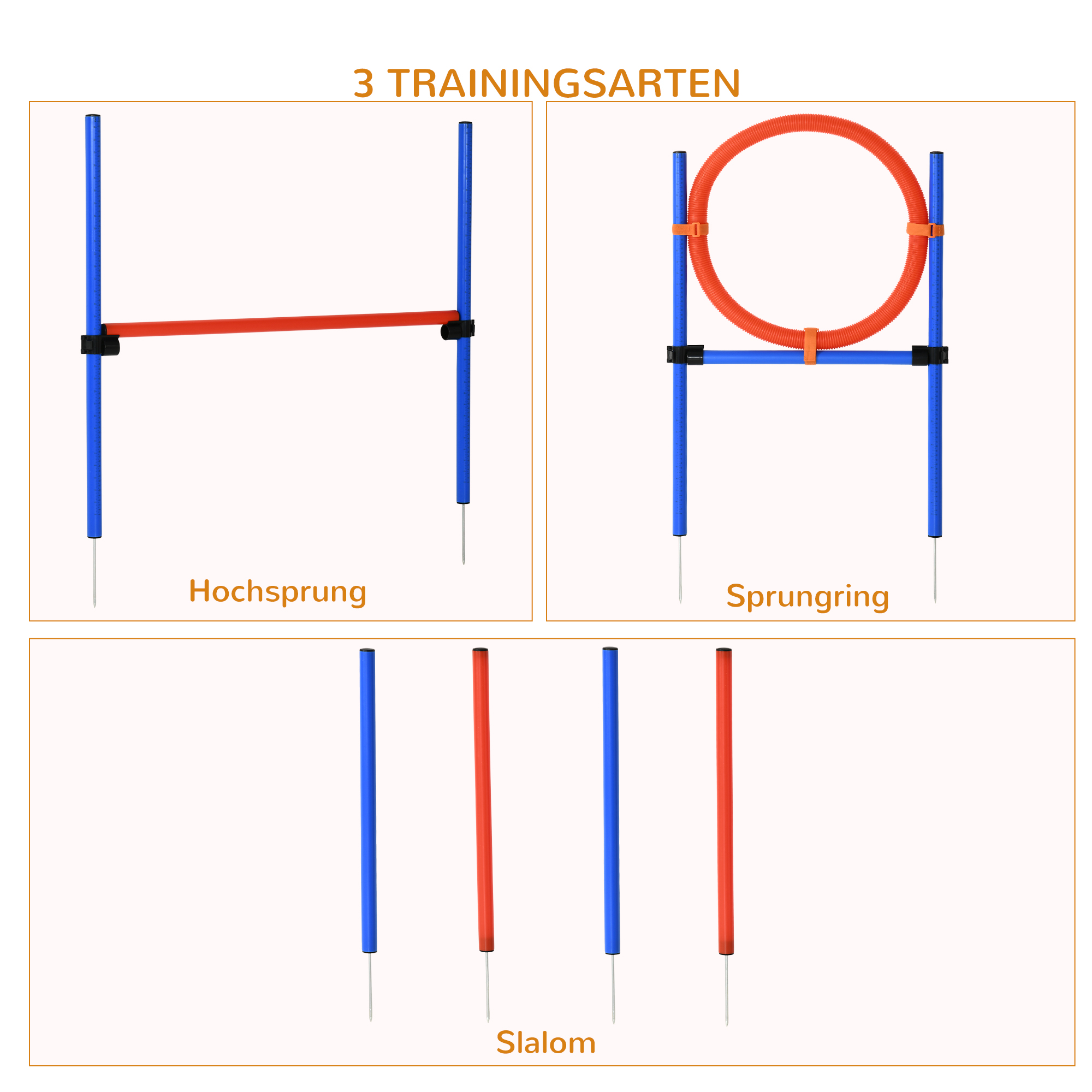 Hunde-Agility-Trainingsgeräte, Agility-Übungs-Set, Hund Agility Set, Slalom-Hürden-Sprungring für Hunde, 3 in 1 Hundesport Trainingsplatz, Blau+Rot