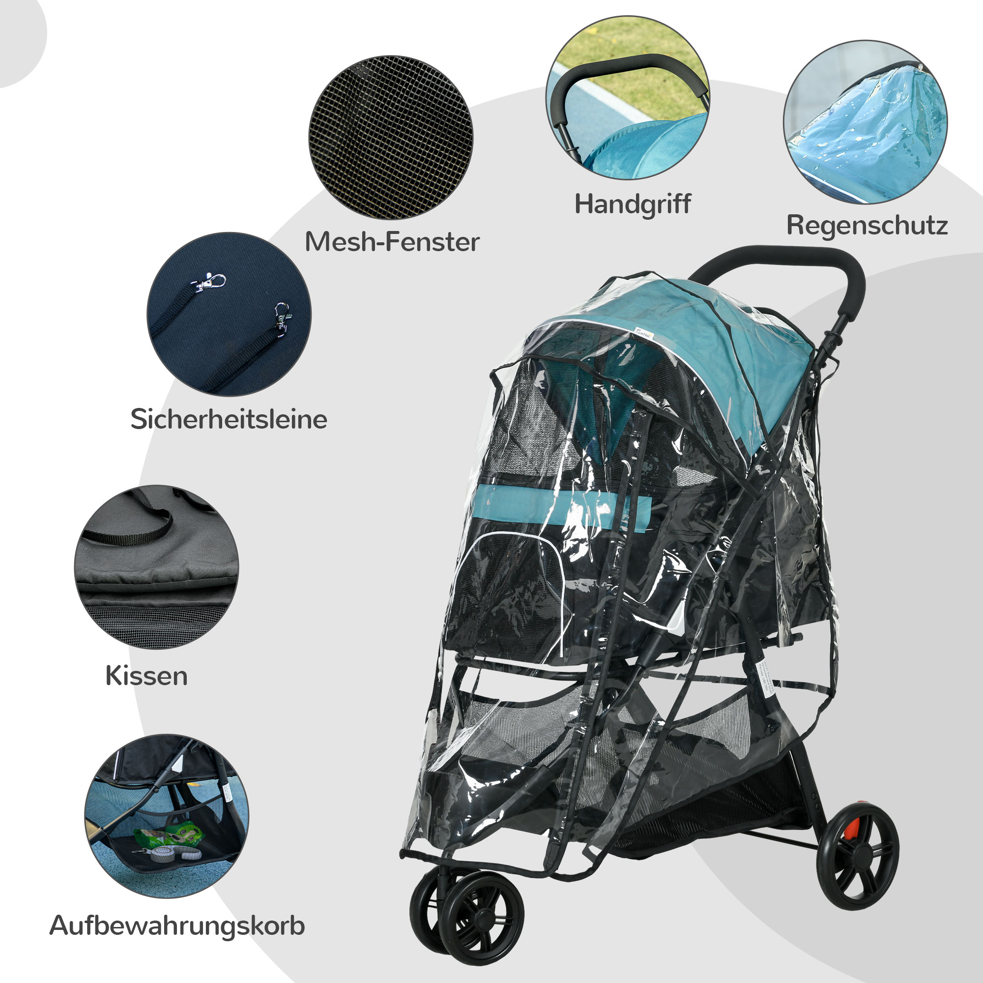 Haustierbuggy Hundebuggy bis 10kg klappbar Sicherheitsleine Handgriff Regenschutz Aufbewahrungskorb Blau + Schwarz
