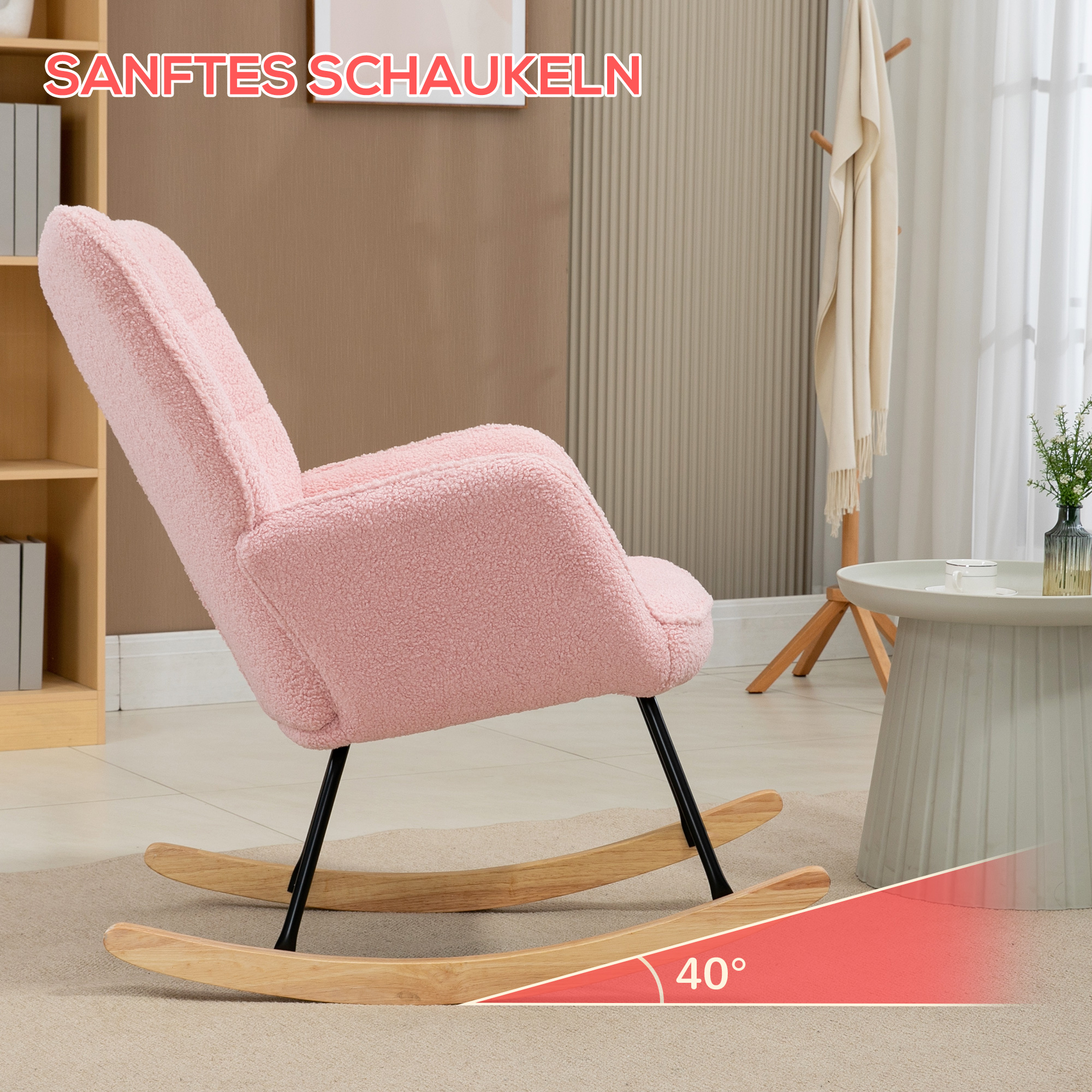 Schaukelstuhl im Retro-Design, Massivholz, Sessel, Relaxsessel, 98 cm x  71 cm x 101 cm, Rosa