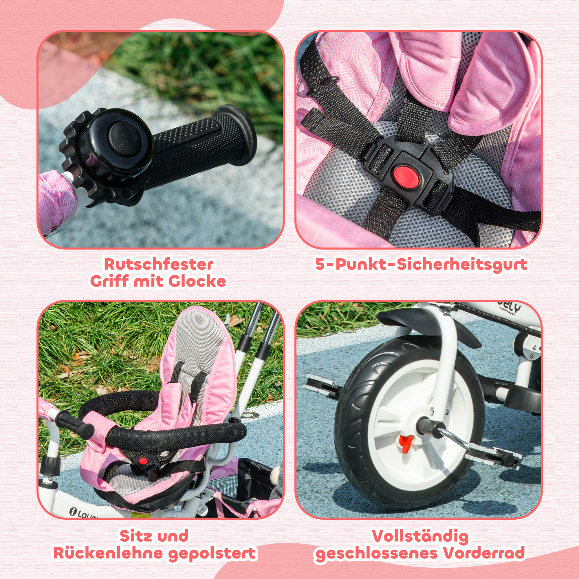 6-in-1 Kinderdreirad mit Schiebestange, Dach, Gurt, Ablagekorb, für 1-5 Jahre, Rosa
