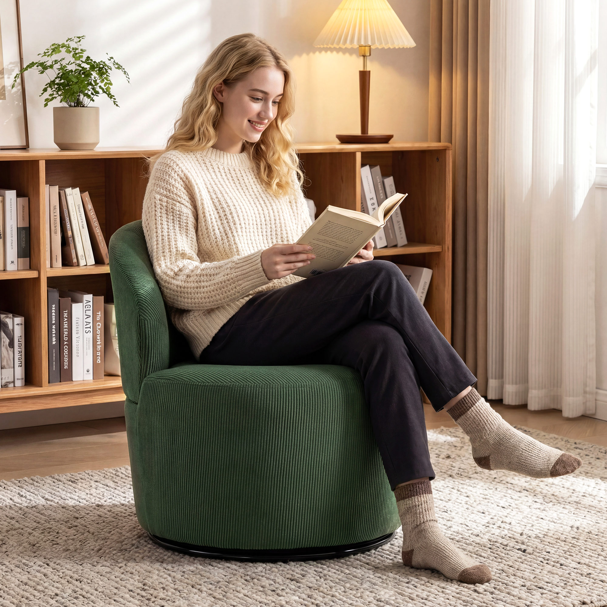 Akzentstuhl, 360-Grad-Drehung, moderner Drehsessel mit Rundfuß, für Wohnzimmer und Schlafzimmer, Grün