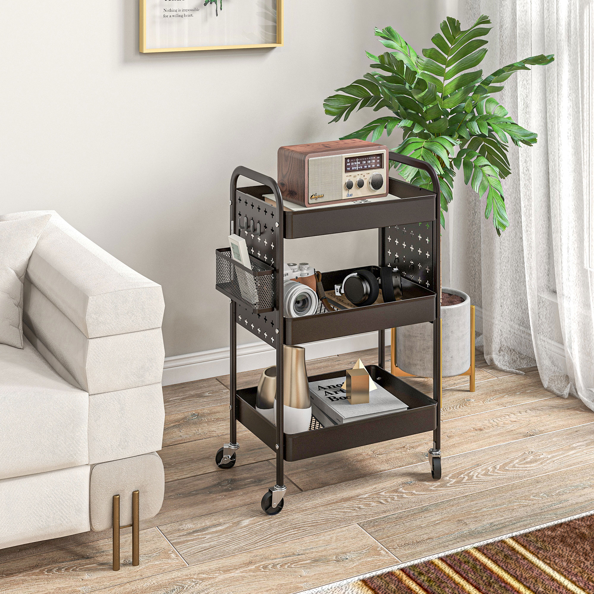 Mehrzweckwagen Rollwagen Küchenwagen, 3 Regale, 4 Rollen, 53,5 cm x 30,5 cm x 75 cm, Schwarz