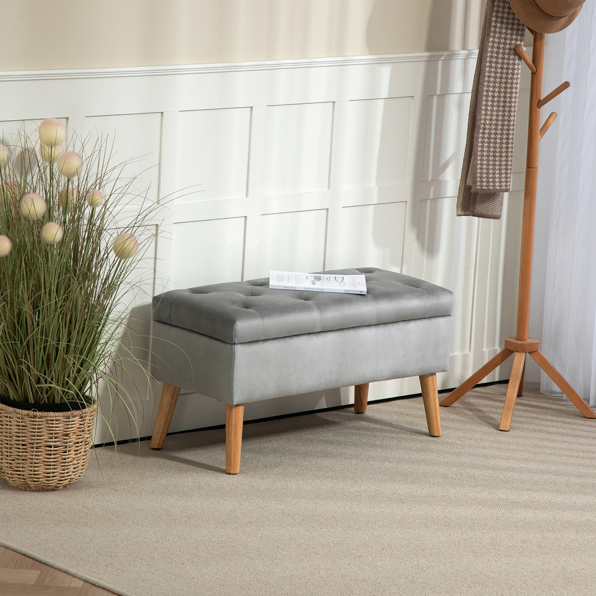 Polsterbank mit Stauraum, Stoffbezug in Samtoptik, Holzbeine, für Wohnzimmer, Schlafzimmer, Flur, 80 x 35 x 40 cm, Grau