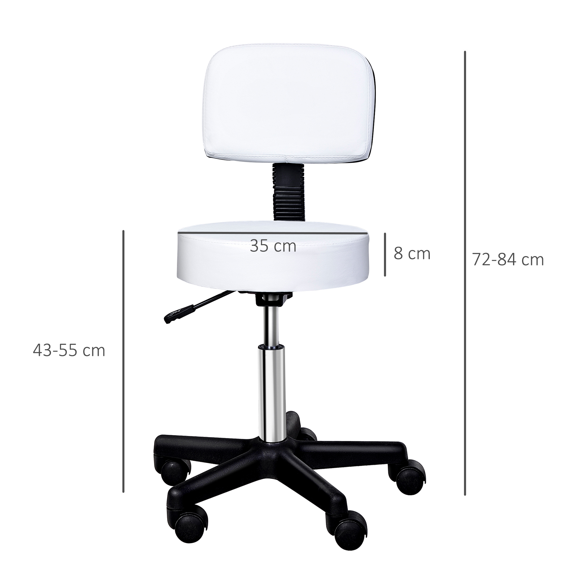 Rollhocker höhenverstellbar mit Rückenlehne Drehhocker 72-84 cm Arbeitshocker 360° drehbar Bürohocker für Büro Salon Massage Spa Weiß